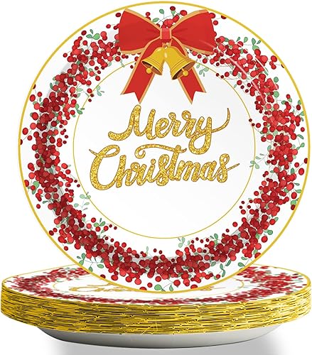 chiazllta 48 platos de papel de Navidad, platos de postre desechables de bayas, decoración de fiesta de Feliz Navidad, vajilla de borde rojo dorado