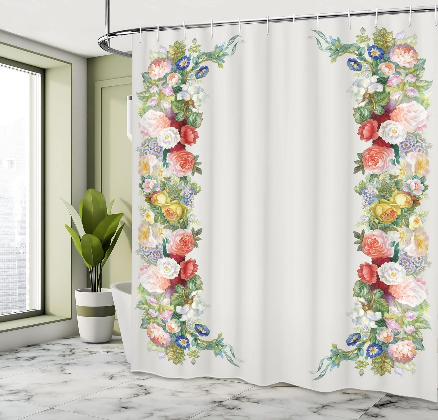 Ambesonne Victorian Shower Curtain, Rose Garland Pastel Tones Jasmine Cornflower Bouquet Classic Bloom Graphic, Cloth Fabric Bathroom Decor Set with Hooks, 69" W x 70" L, Red Yellow Green