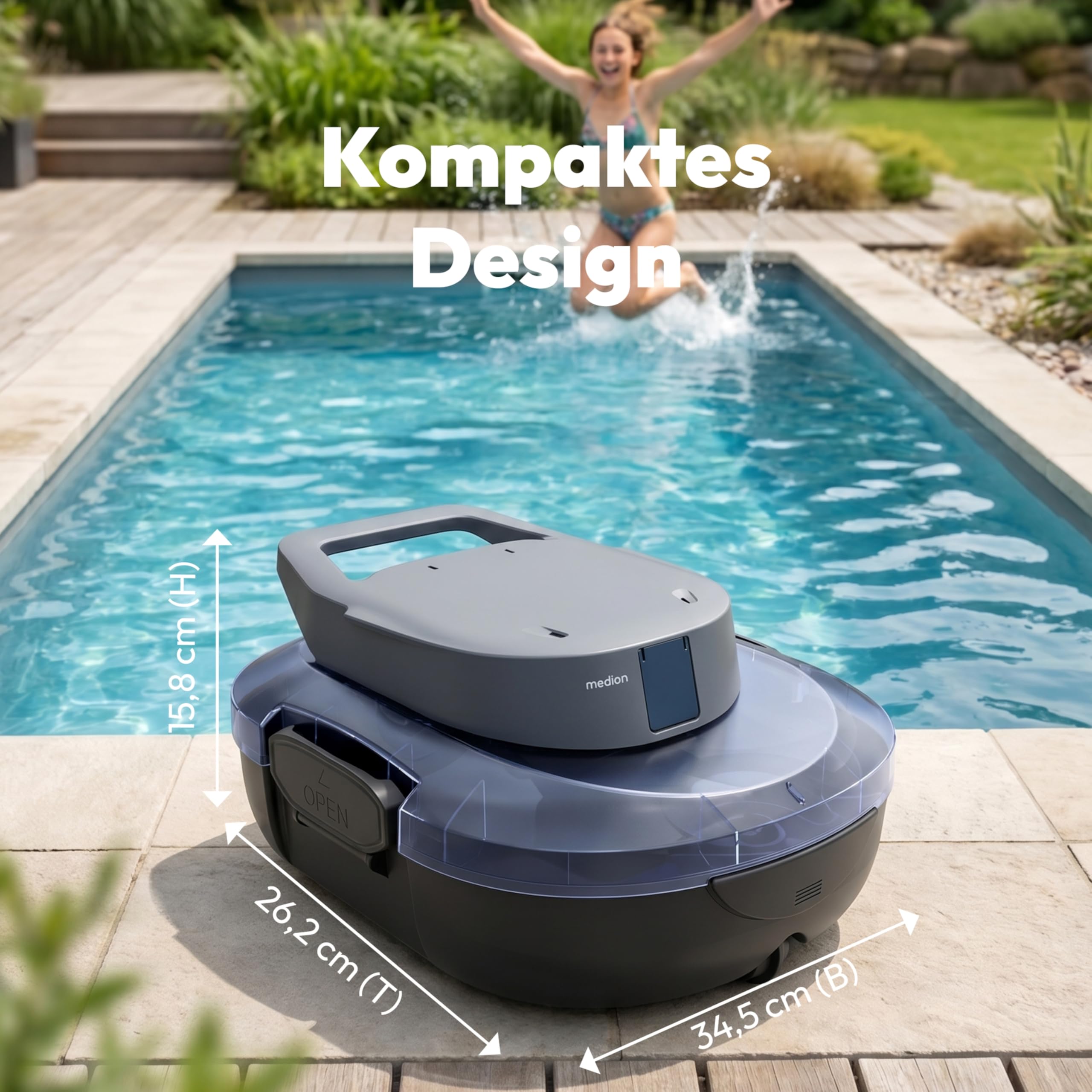 MEDION PR1 Poolroboter Akku, für Aufstellpool, Bodenreinigung für Pools, One-Click-Bedienung, Selbstparkfunktion, 120 Min Akkulaufzeit, 2,2 L Filterkapazität, für 80–100 m², inkl. Ladegerät & Haken