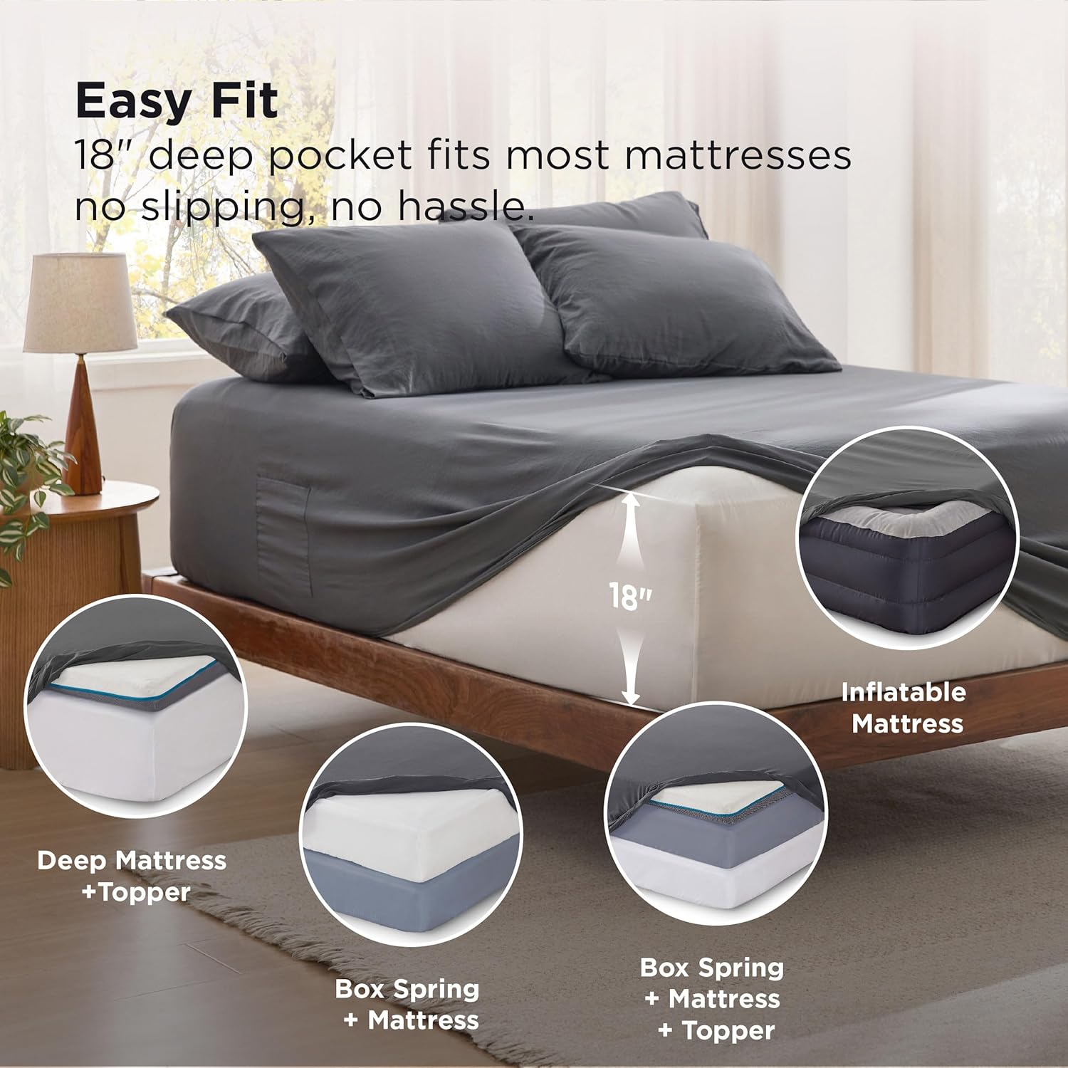 Bedsure Deep Pocket King Sheet Set - 6 Piece, Prewashed Ultra-Soft King Size Sheets Set, Fits Mattresses Up to 18 Inches Thick, Breathable & Secure Fit, Hotel Luxury Bedding, Grey - Image 3