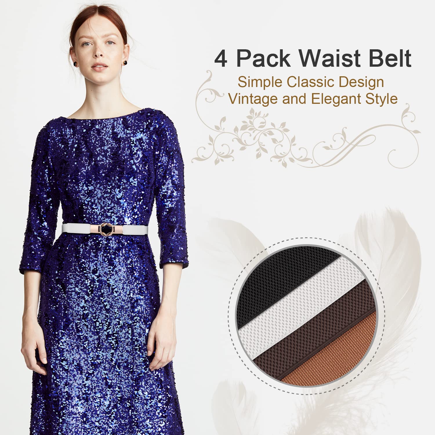 WERFORU Women Skinny Belt for Dresses Retro Stretch Waist Belt with Gold Buckle Set of 4