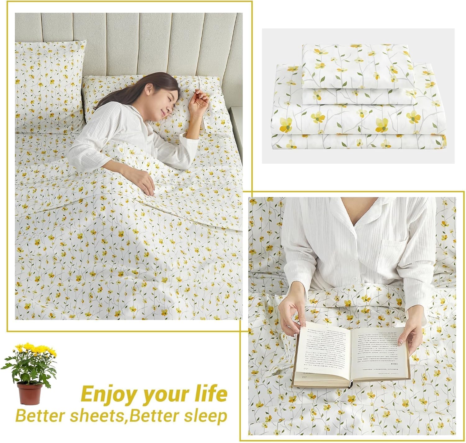 Softan Yellow Floral Bed Sheets Full Flower Printed Sheets - Patterned Microfiber Fitted Sheets Full with 15" Deep Pocket & Non-Slip Straps, Cute Flower Sheets & Pillowcase Set - Image 7