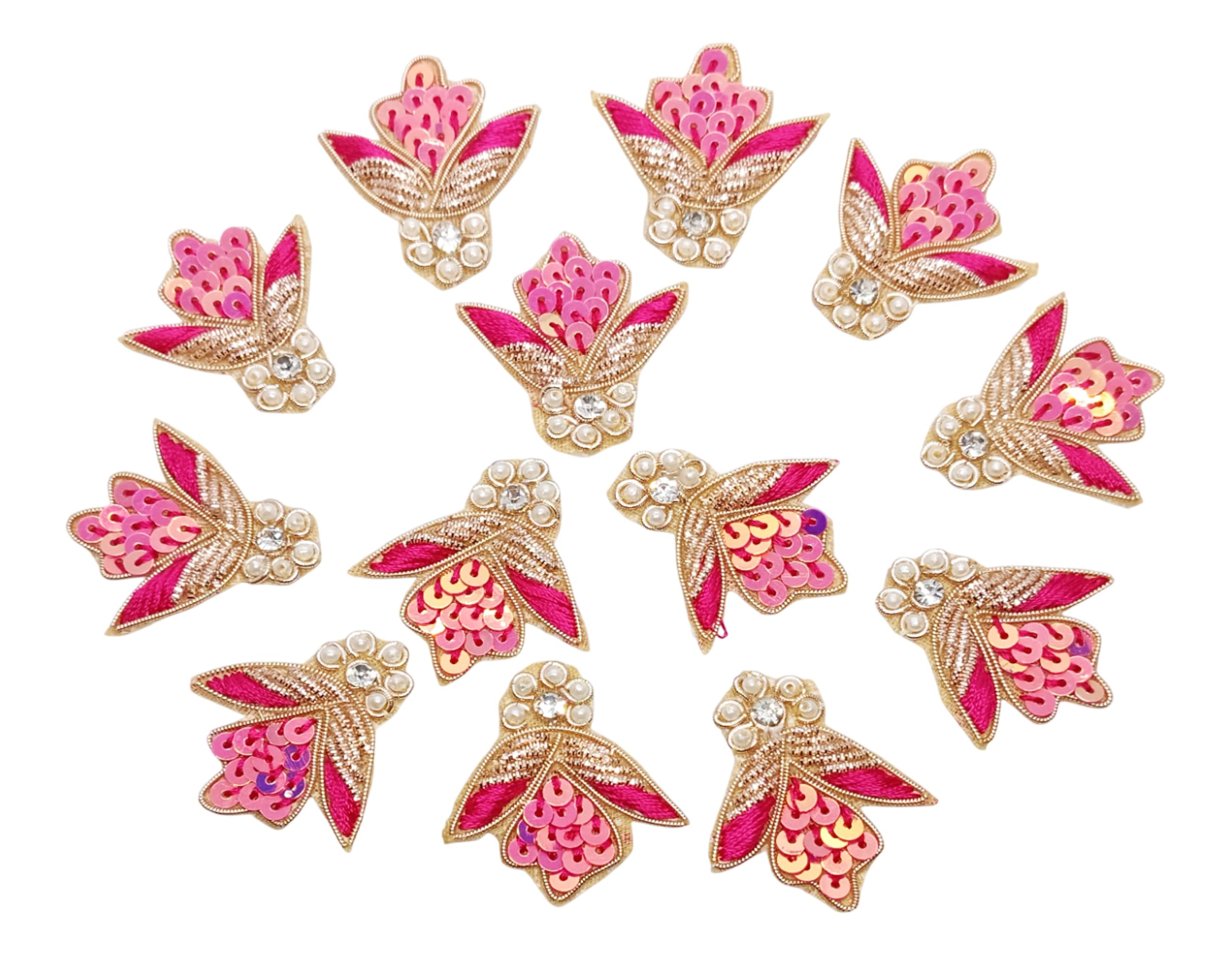 Decorative Flower Applique Patches, made with Pink Yarn, Sequins, artificial Pearl and Crystal Stone, whole applique is Surrounded by Kangni Zari material, size approximately 3.6 cm in length and 3.2 cm in width, Pack of 12 Pieces, Embellishment for Clothing, Accessories, Home Decor and Crafts Decoration (D0153)-image-2