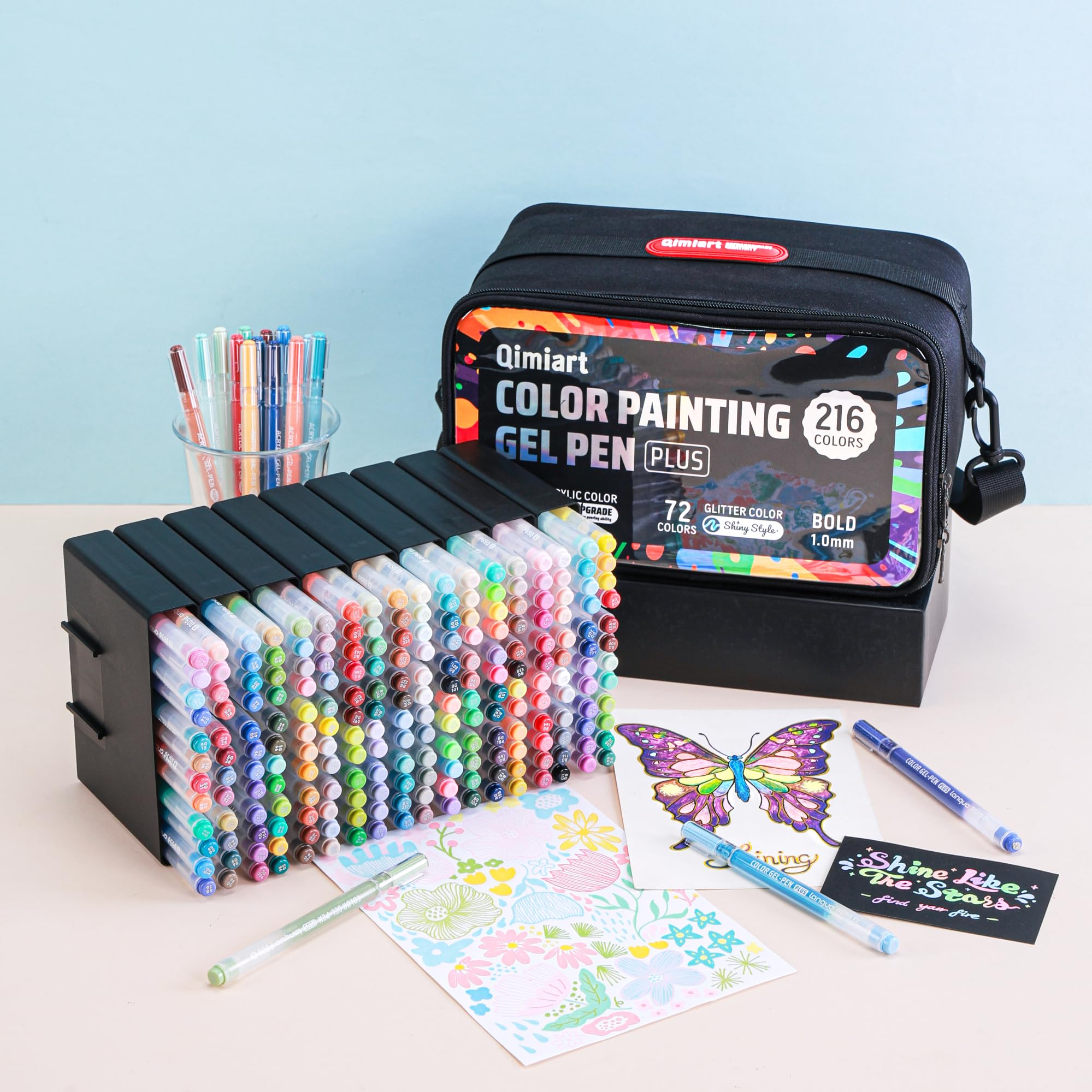 languo La boite Qimiart 216 Color : 144 stylos acryliques + 72 stylos pailletés, pointe large de 1,0 mm avec sac de rangement. Pour Dessin, Coloriage mystere, Griffonnage Artisanat Scrapbooking