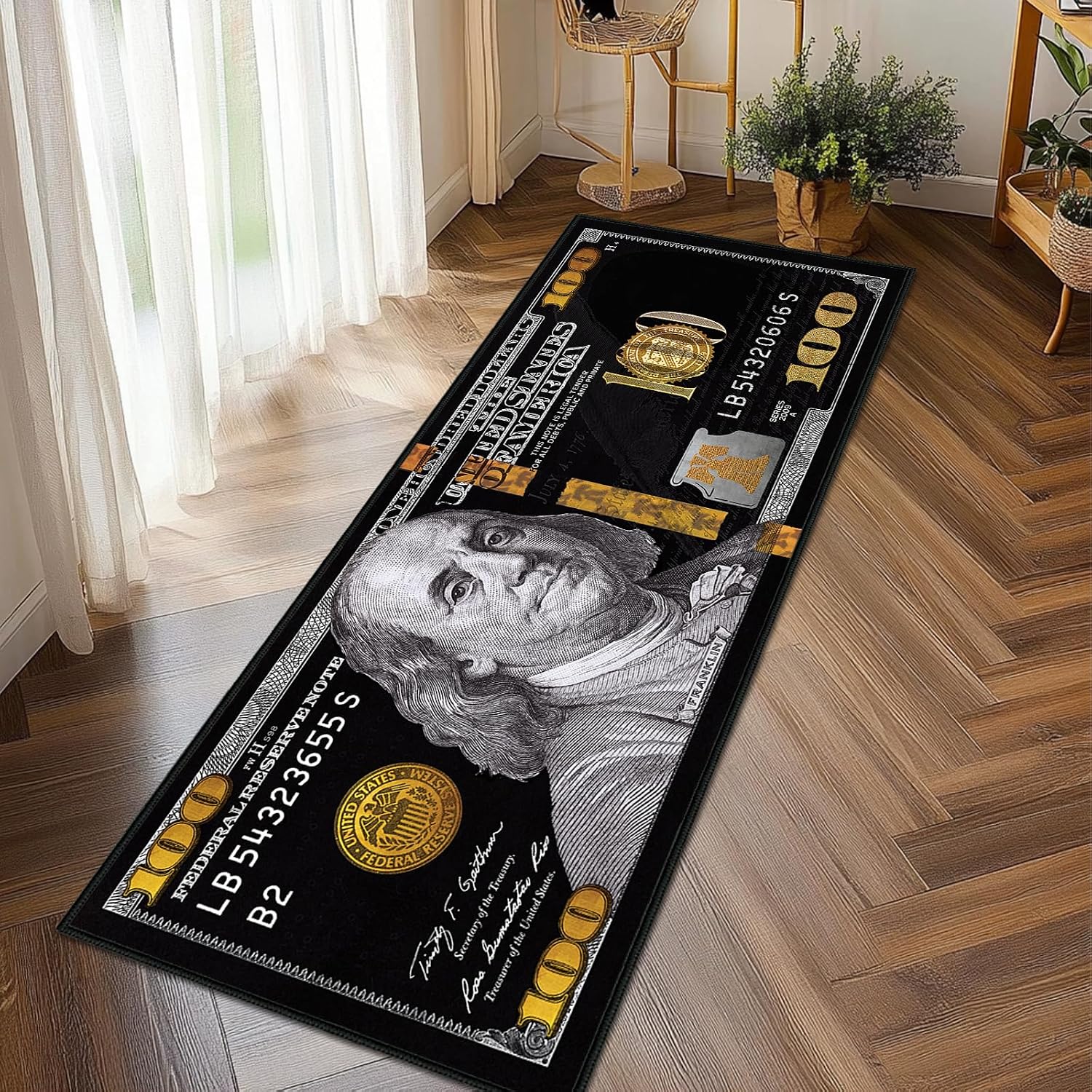 Money Rugs 100 Dollar Bill Runner Rug 2x6,Hundred Dollar Bills Throw Accent Area Rugs,Money Decor Floor Carpets Mat Non Slip Washable Carpet Runners for Bedroom Living Room Entryway Hallway,Black