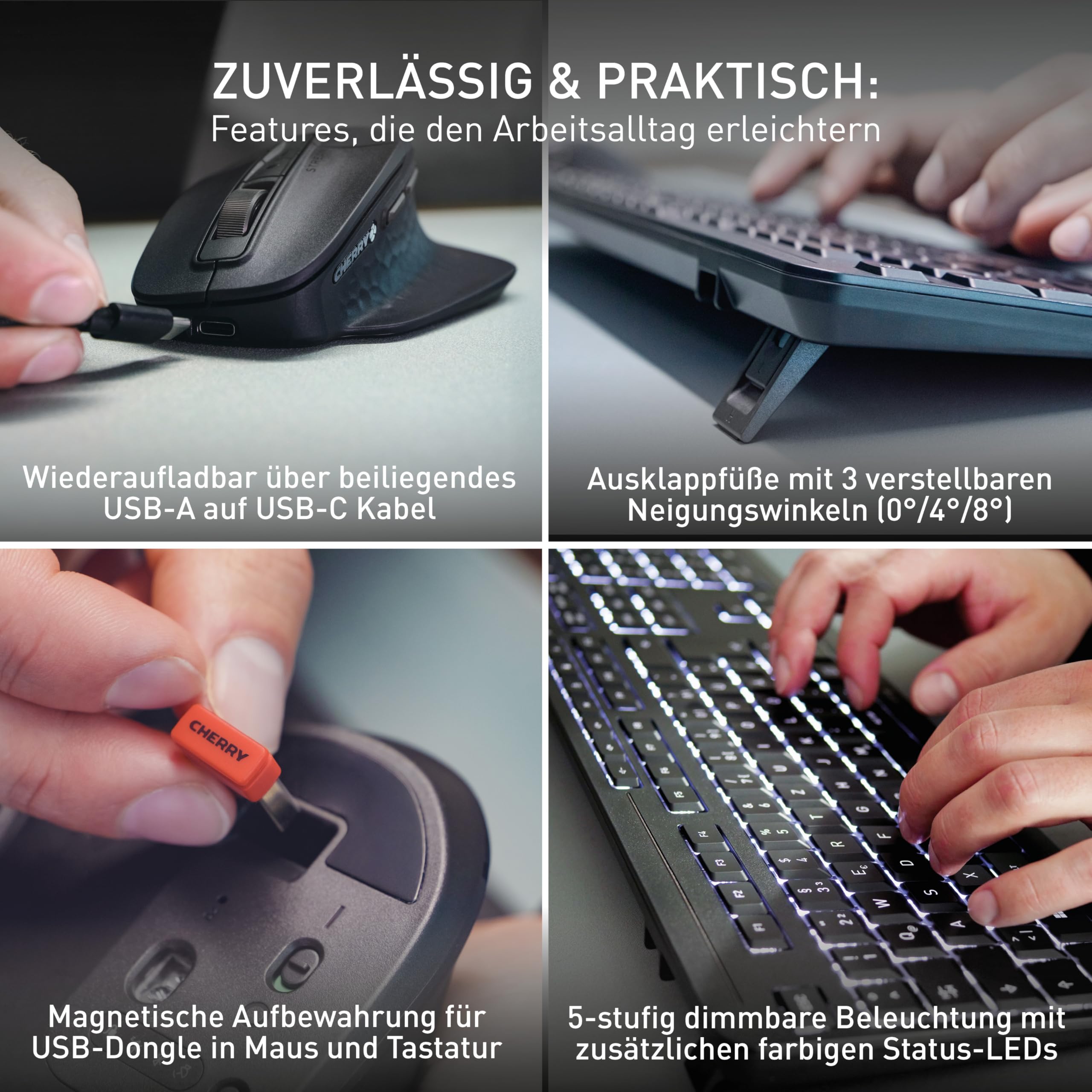 CHERRY Stream Desktop Ultimate, Tastatur und Maus, Deutsch QWERTZ, Schwarz | Kabellose Multi-Device Combo für bis zu 4 Geräte, Bluetooth, 2,4 GHz & Kabel, Ergonomische Rechtshändermaus, Wiederaufladbar