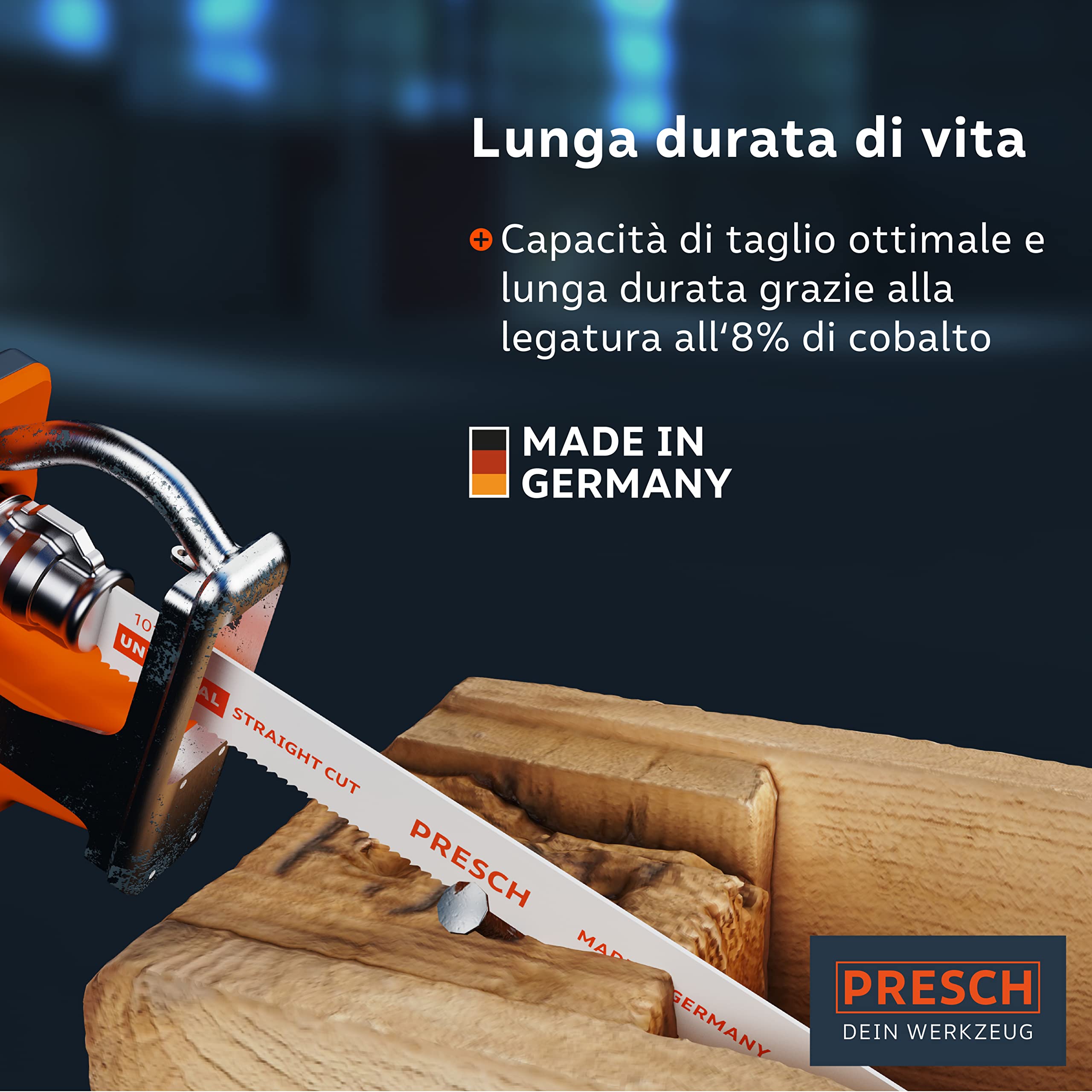 Presch Lame gattuccio universali per legno e acciaio inox 210 mm 10 pz - 8% Lame al cobalto per metallo duro e legno - Set di lame gattuccio con scatola.