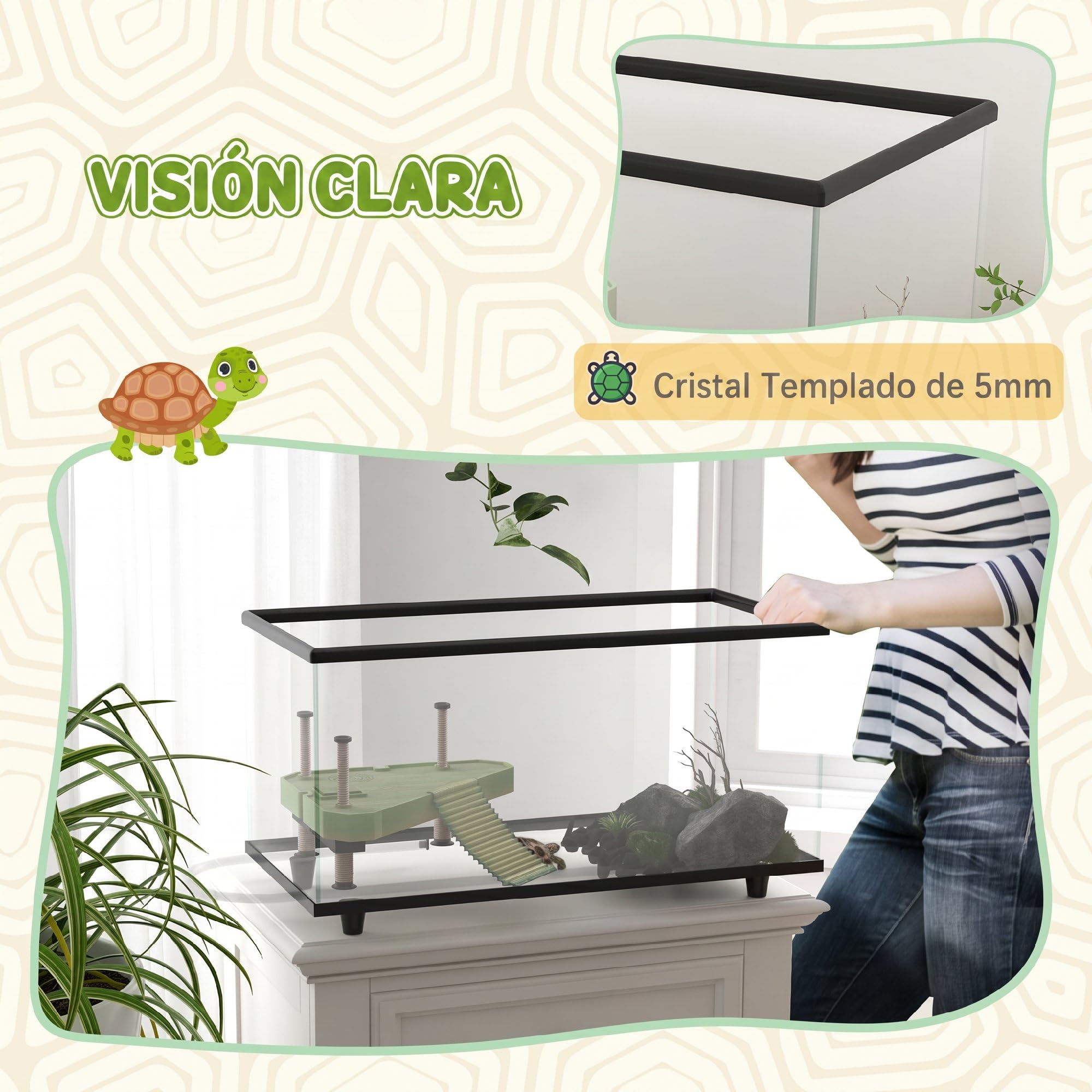 PawHut Acuario para Tortugas 50L con Plataforma 60x30x32 cm Transparente | Terrario de Tortugas Pequeñas, Rampa, Drenaje Fácil, Termómetro Adhesivo
