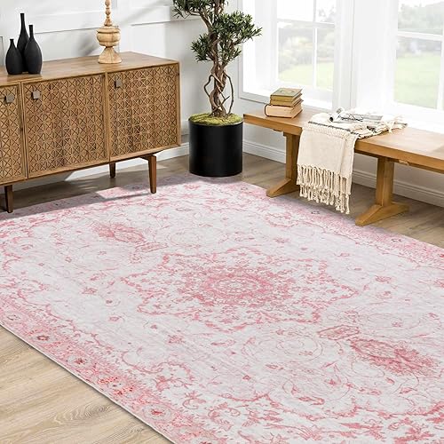 Area Rug 6x9 - Vintage Floral Honeycomb Non Slip Backing Carpet - Pink Softer Thicker Faux Wool Rug - Foldable & Machine Washable Rugs for Living Room Bedroom Dining Room Home Office