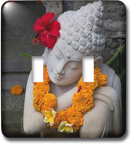 Danita Delimont – estatuas – Indonesia, Bali. Sagrado Estatua con hibisco y caléndula collar. – Fundas de interruptor de la luz – doble interruptor