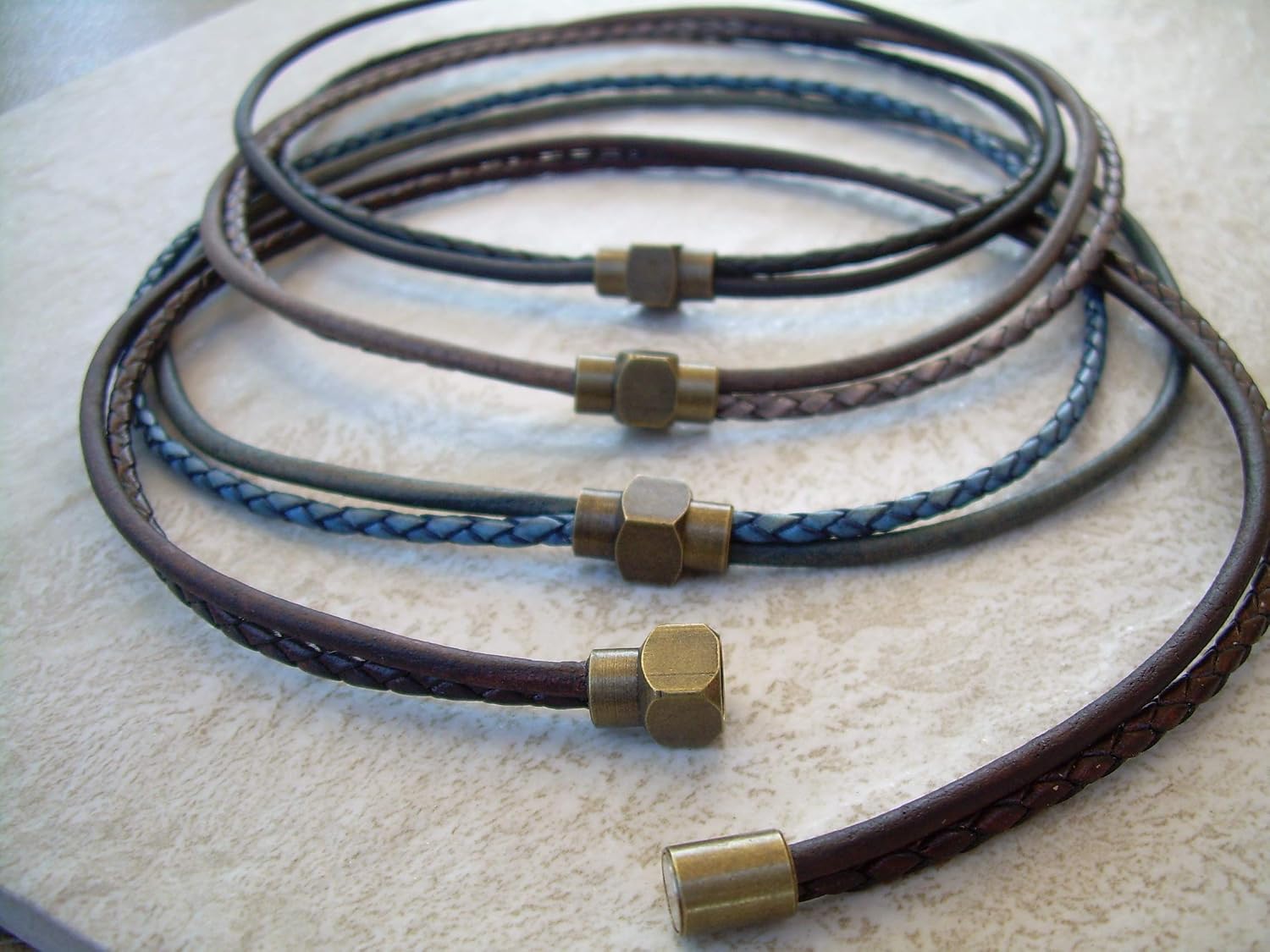 Handmade Multi Strand Smooth and Braided Leather Cord Chain Necklace with Antique Brass Magnetic Clasp - Genuine Leather Necklace for Men Women - Available sizes: 16,18,20,22 inch or Custom