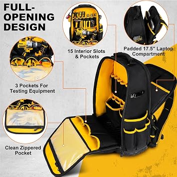 Tool Backpack+Tool Belt Pouch (Black&Grey),Waterproof Hard Bottom Backpack with Waist Belt,17.5 Laptop Compartment Backpack with 18-Slot Drill Bit Roll Pouch,18-Pocket Magnetic Tool Pouch