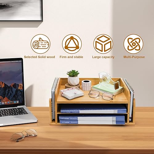 Miniatura 6 de ZOOFOX Bandeja de papel de 3 niveles, soporte para carpetas de cartas de madera con 3 bandejas y 2 secciones verticales, bonita bandeja de papel en