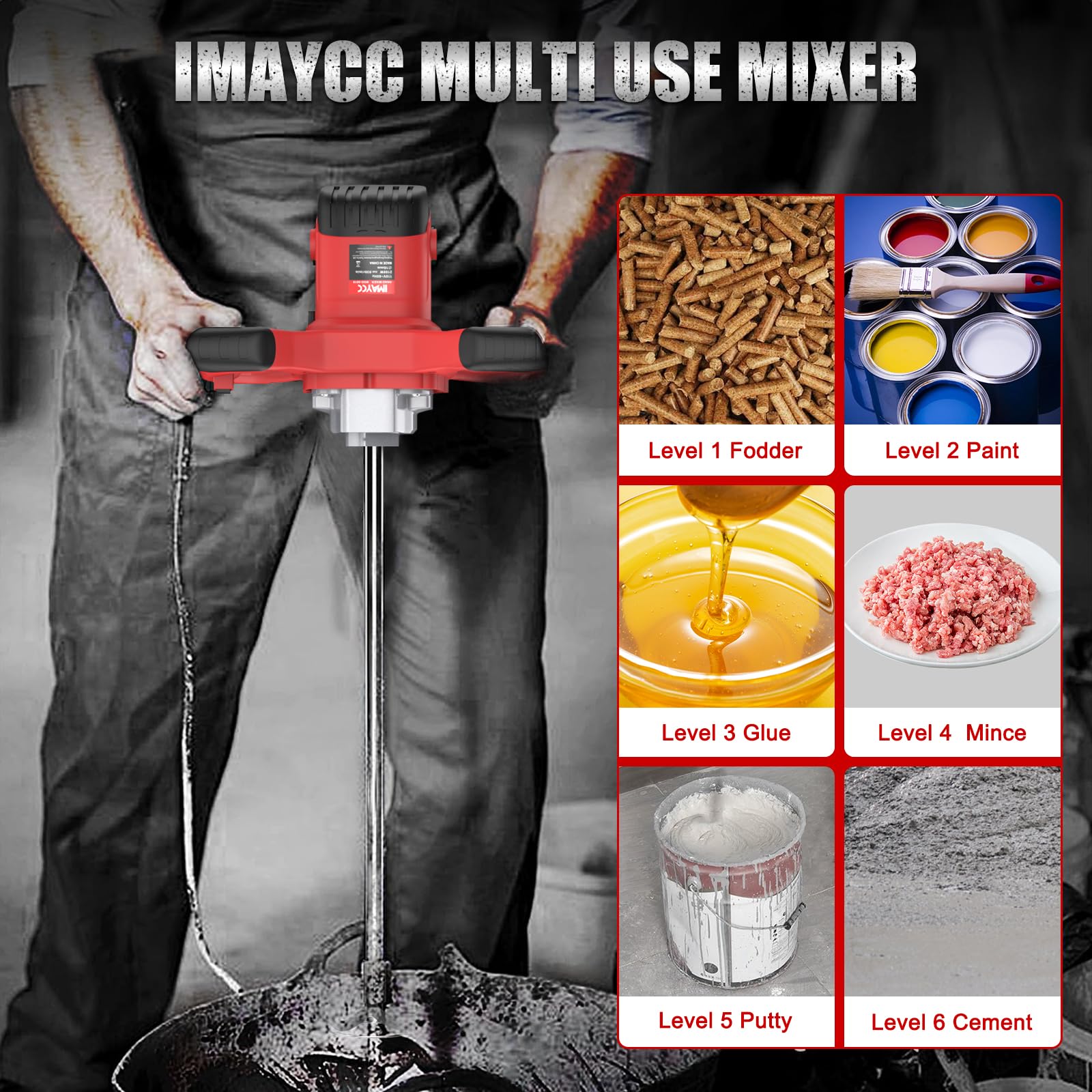IMAYCC Mezcladora De Mortero, 2100W Batidora Mortero, Mezclador De Mortero con 6 Velocidades, Hormigoneras Electricas, Ideal Para Mezclar Pienso, Yeso, Pintura, Cemento, Mortero,Etc