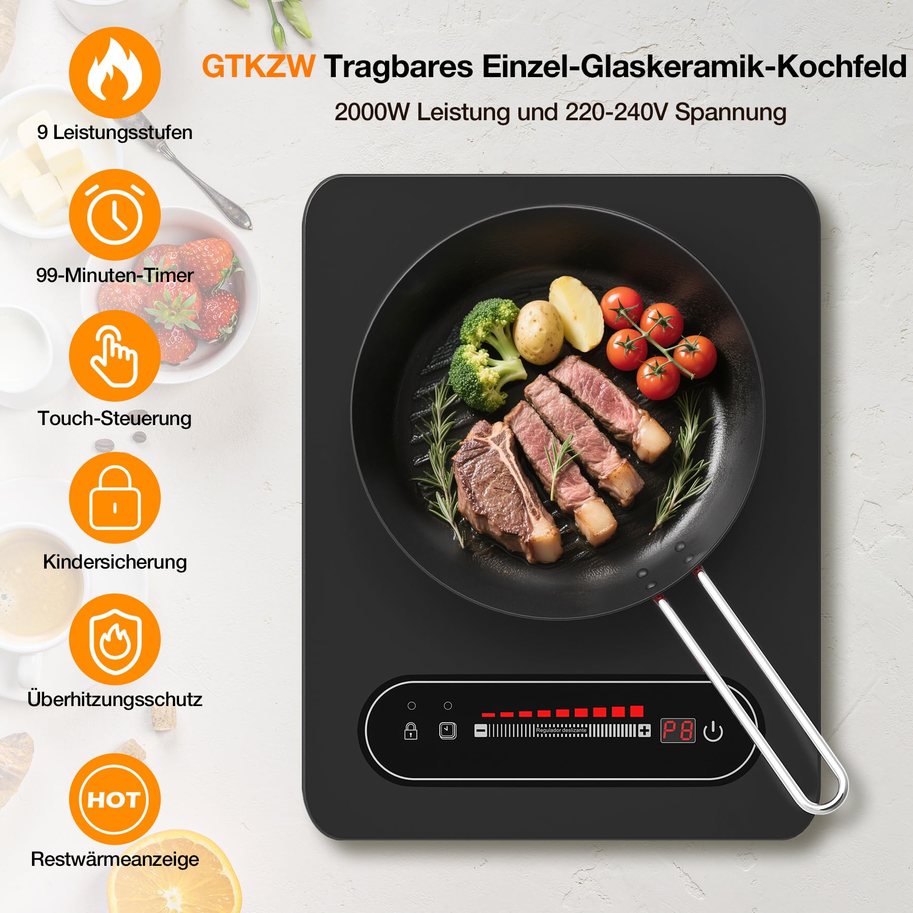 Glaskeramikkochfeld 1 Platte, 2000W Elektrische Einzelkochplatte 36 cm 220-240V mit Touch-Schieberegler, Kindersicherung & Timer - Tragbares Infrarotkochfeld für Wohnmobil, Zimmer, Singleküche