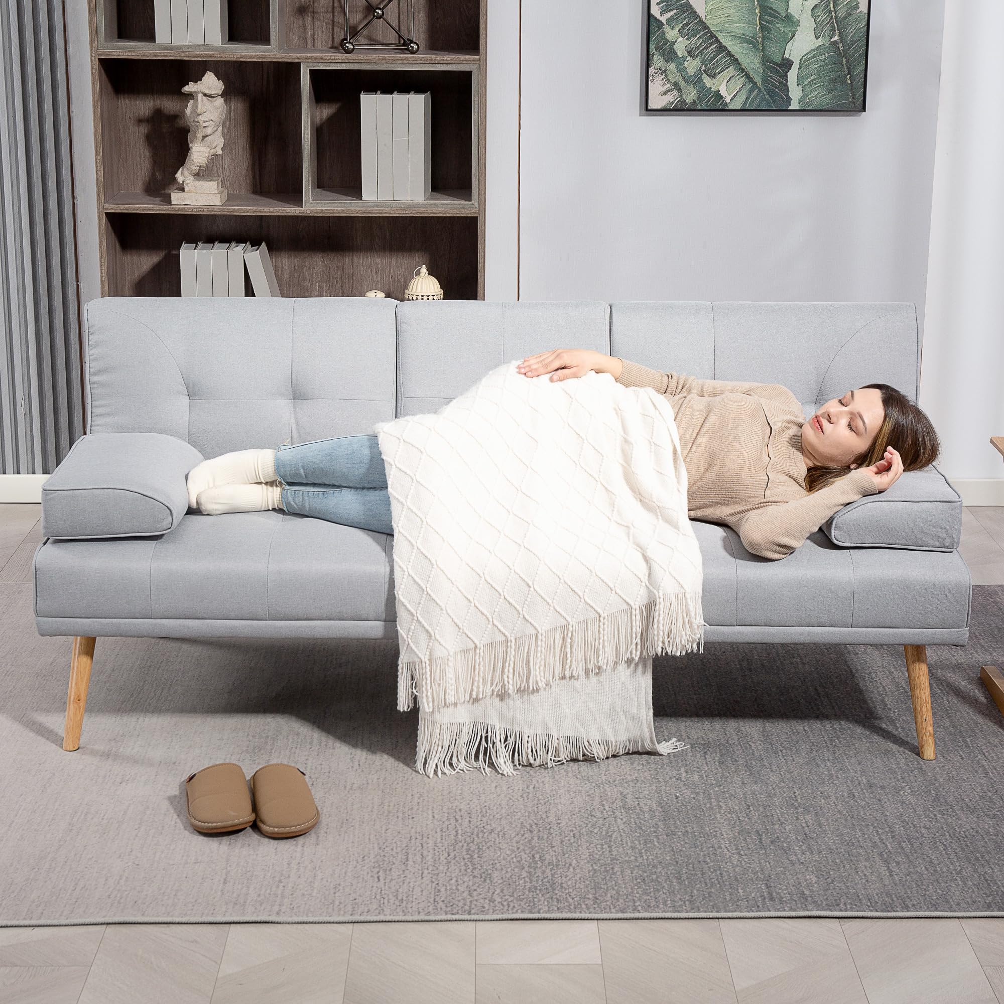 HOMCOM Sofá Cama 3 Plazas, Mesa Abatible con 2 Soportes para Vasos, 181x77x78 cm, Sofá Cama con Respaldo Ajustable, Apertura Clik-Clak, Reposabrazos Desmontables, Patas de Madera, Gris Claro