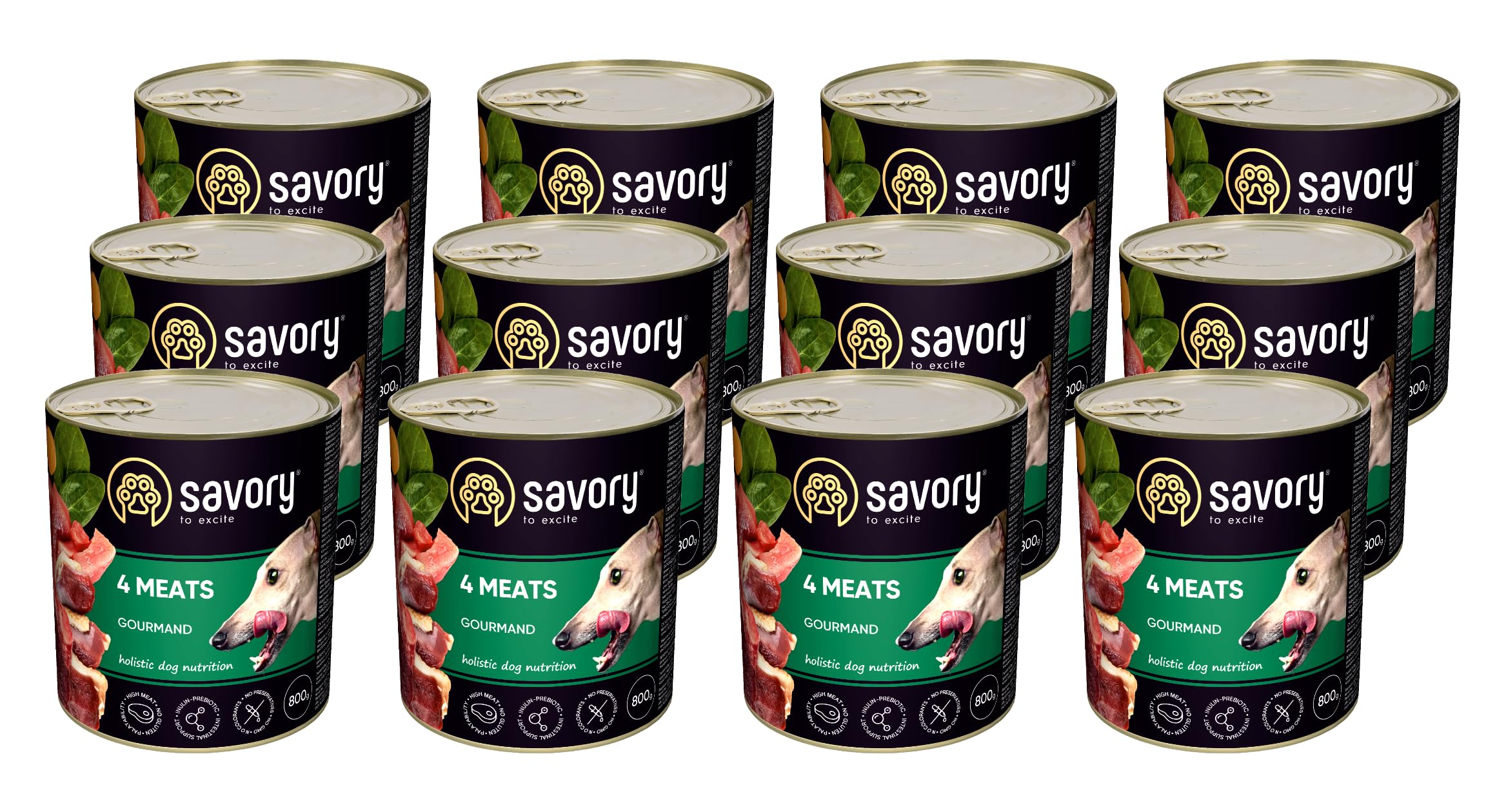 Savory - Hundefutter Nass - Nassfutter für Hunde - für Erwachsener Hund - 4 Fleischsorten - Zarte Pastete mit saftiger und lockerer Textur, hoher Fleischanteil - 12er-Pack (12x800 g)