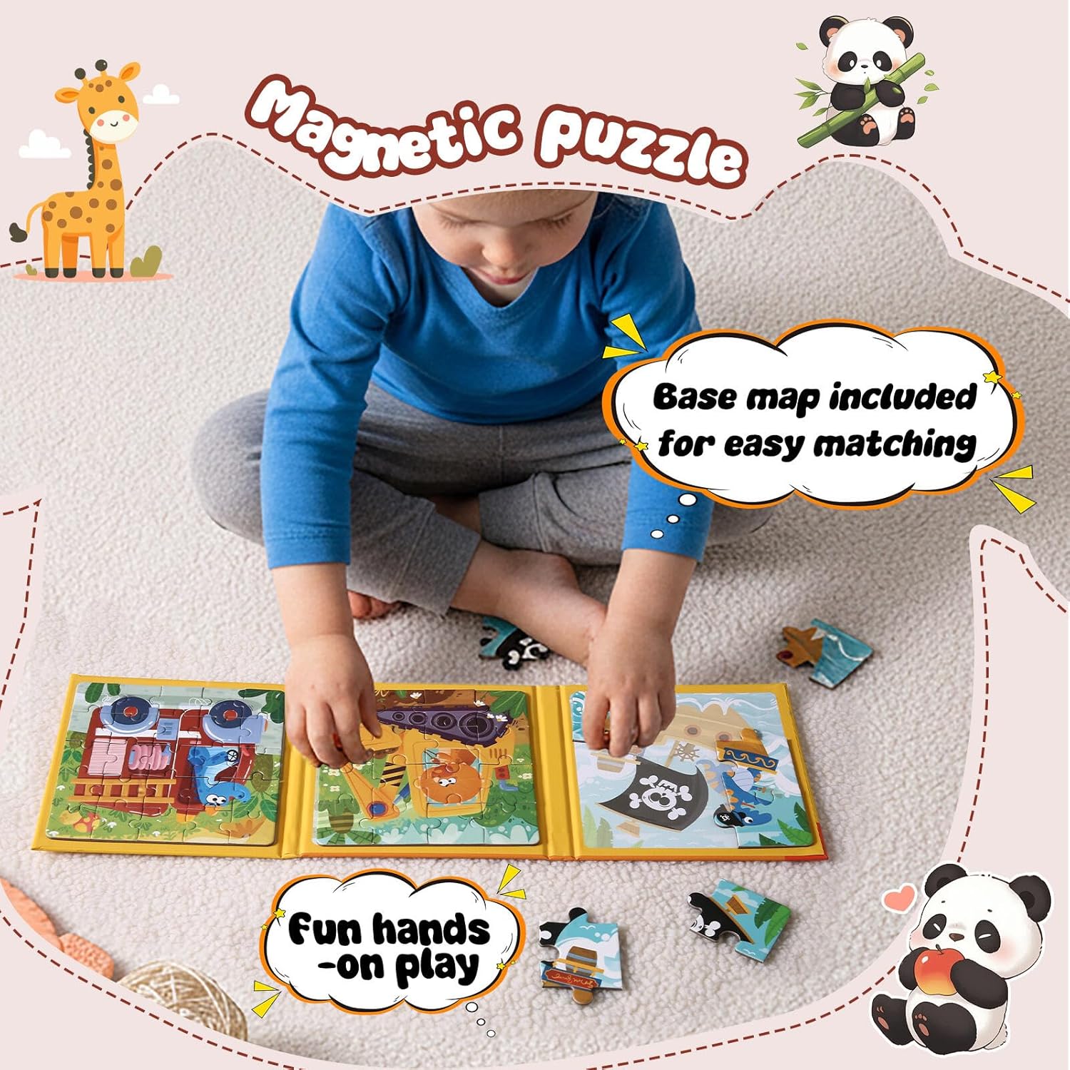 Magnetic Puzzles for Toddlers 3-5 Years, 3 in 1 Vehicle & Adventure Toys with 9/16/25 PCS, Travel Activity for Boys and Girls, Preschool Puzzle Game with Pirate Ship, Digger, Fire Truck