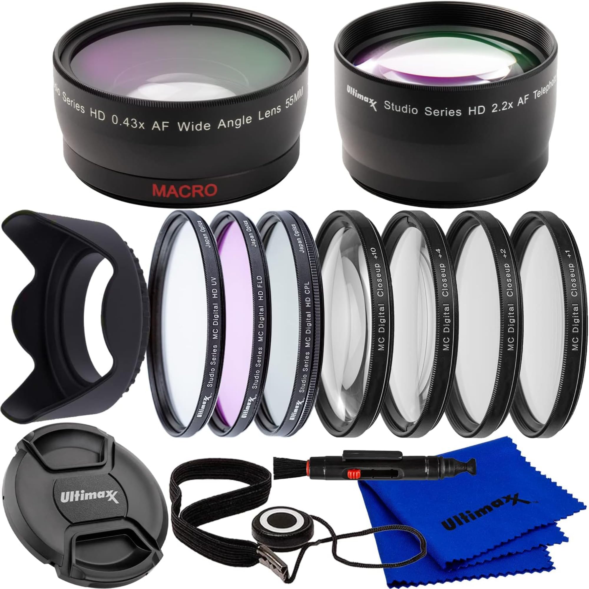Ultimaxx 55MM Complete Lens Filter Accessory Kit with 55MM 2.2X Telephoto, .43x Wide Angle/Macro Lenses, 4PC Close Up Filter Set & More Designed for All DSLR Cameras