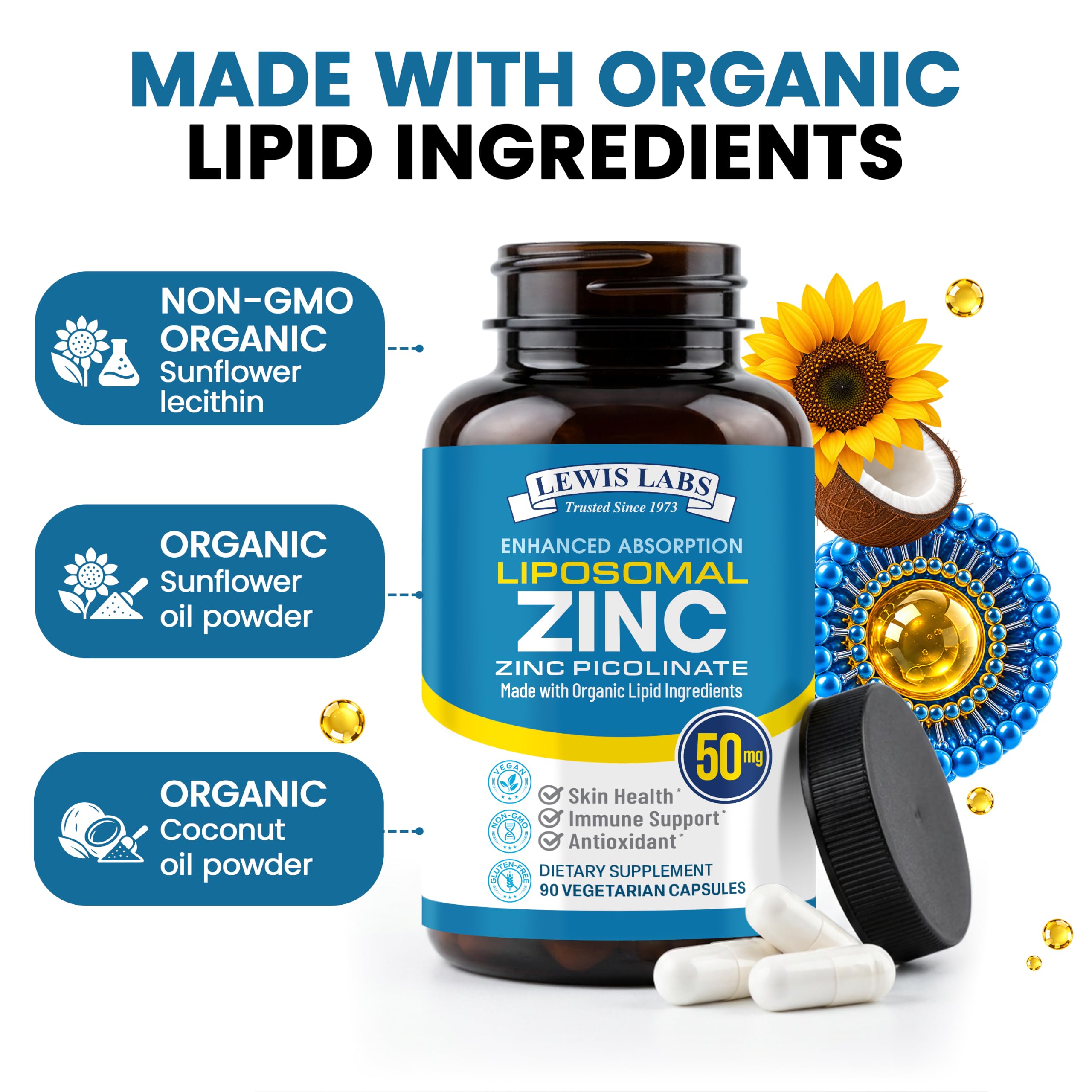 Liposomal Pure Zinc Picolinate Supplement with Copper, Immune Support, Metabolism, and Skin Health | High Potency, for Adults Men & Women | Powerful Antioxidant | 90 Capsules — Amazon image 4