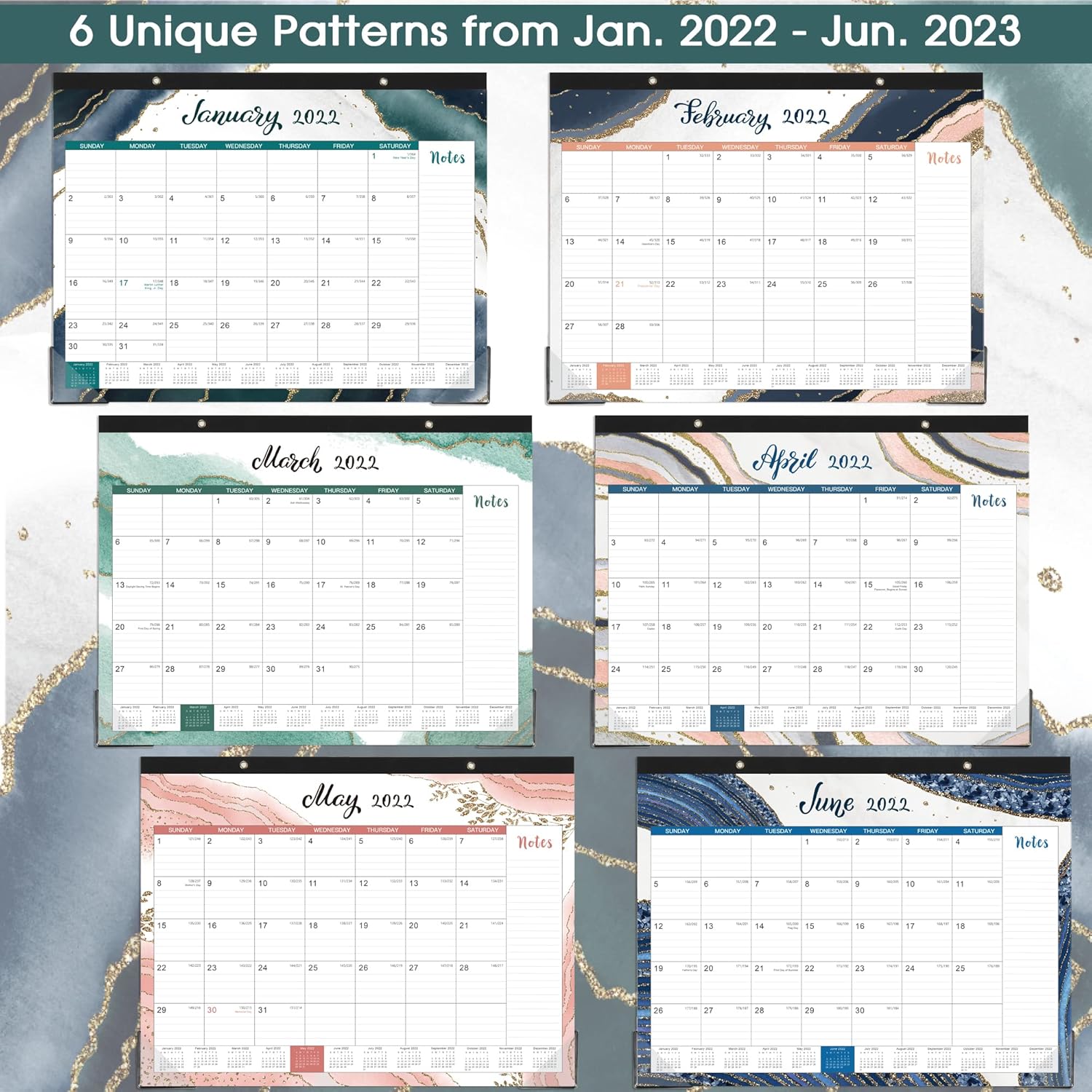 Desk Calendar 2022-18 Monthly Desk/Wall Calendar 2-in-1,17" x 22", January 2022 - June 2023, Thick Paper with Corner Protectors, Large Ruled Blocks - Blue Gliding : Office Products