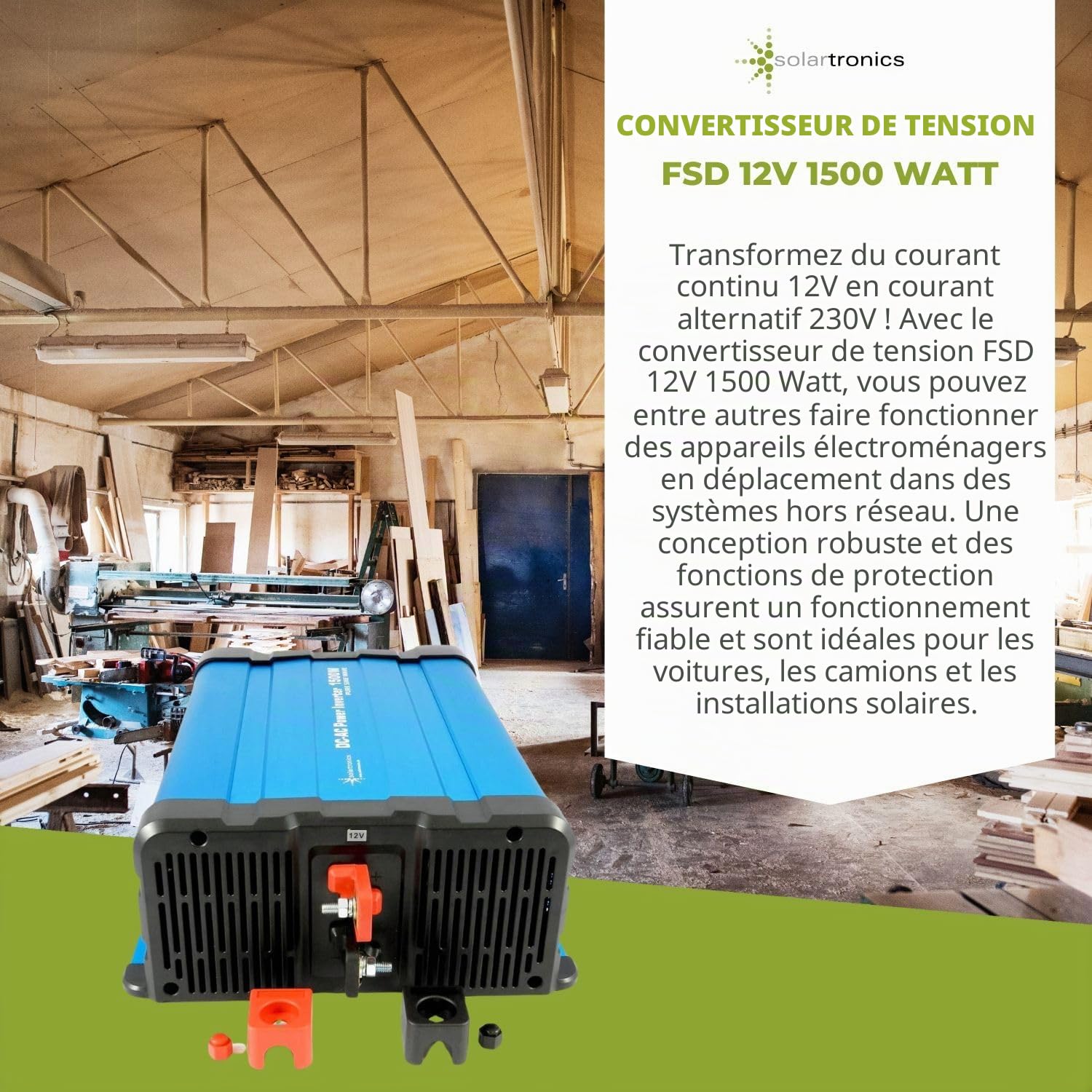 SOLARTRONICS FS1500D Convertisseur 12V 230V Pur Sinus 1500W - 3000W Puissance de crête - Convertisseur de 12V à 230V avec écran, Prise Schuko & USB