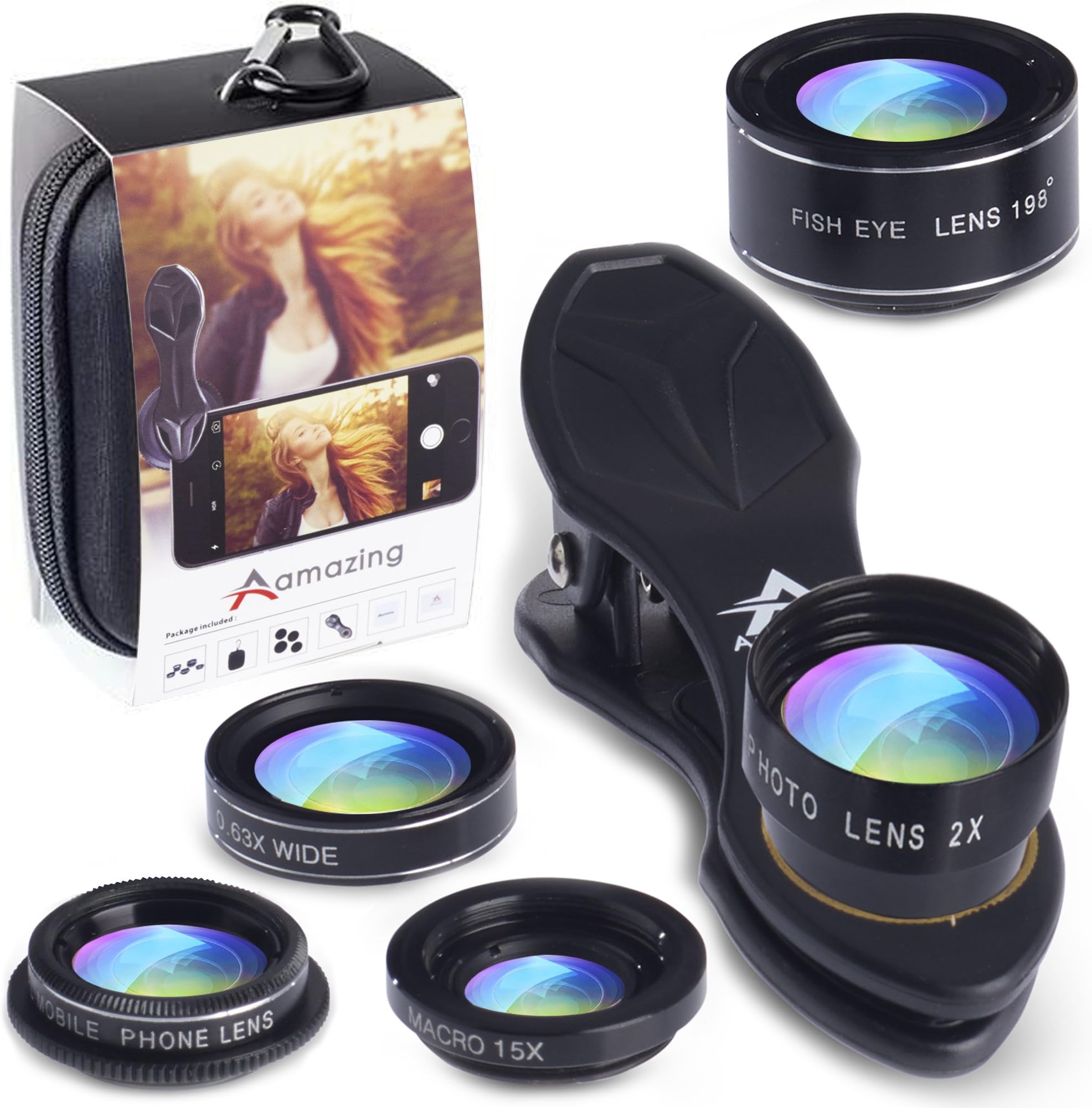 Cell Phone Camera Lens 5 in 1 Kit with Travel Bag and Firmly Soft Clip, See Your World Different