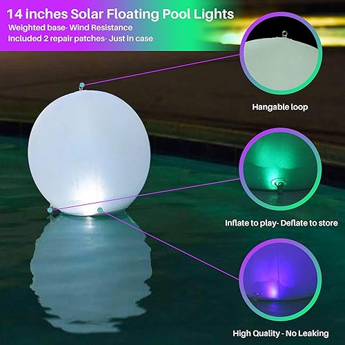 Miniatura 8 de Luces solares flotantes para piscina, paquete de 2 bolas de 14 pulgadas que cambian de color con energía solar, flotan o cuelgan en la piscina,