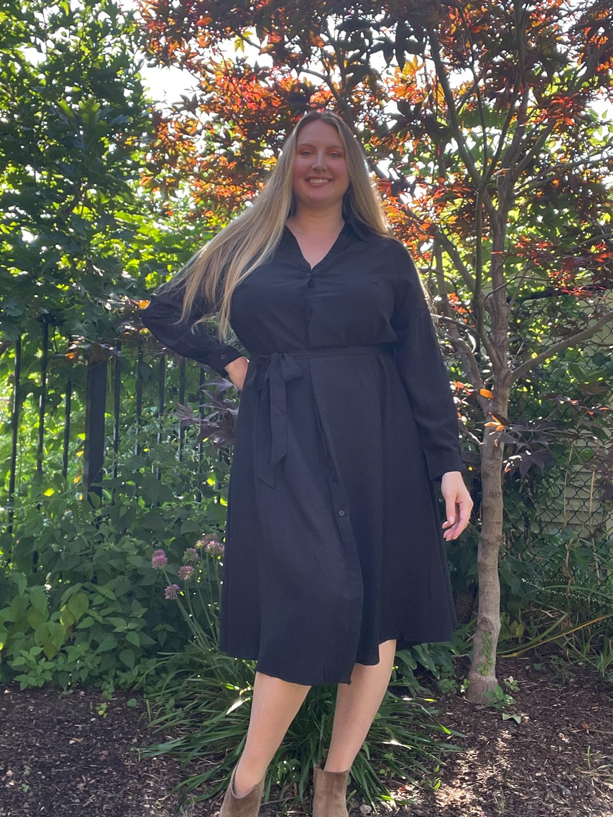 RITERA Übergröße Kleider für kurvige Frauen, langärmelig, Midi, lässig, Hemdkleid, V-Ausschnitt, Knopfleiste, Arbeitskleid mit Tasche, Größe XL-5XL