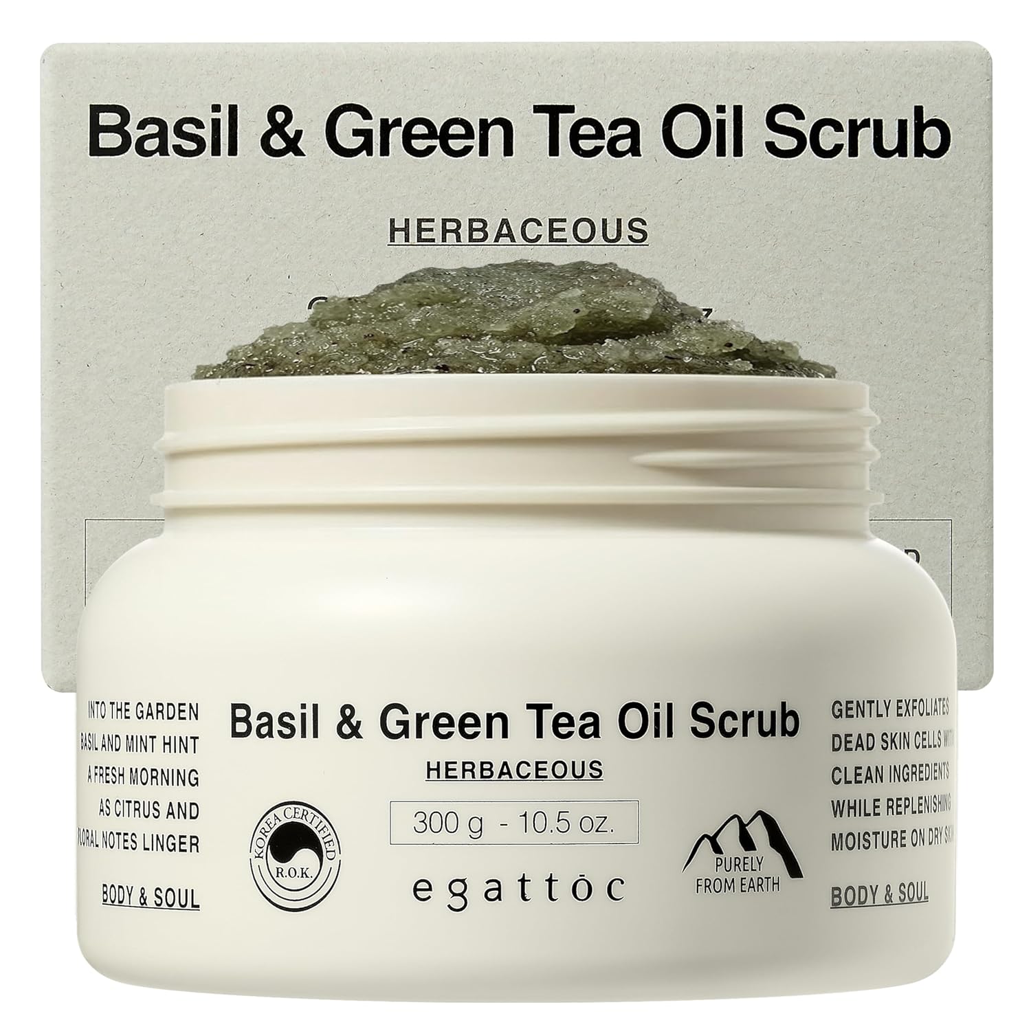 Himalayan Salt Body Scrub, Basil & Green Tea Exfoliating Oil Scrub with BHA LHA, Moisturizing Body Polish for Sensitive Skin, Soothing Mugwort & Oat, Green Citrus Scent, 10.5 oz