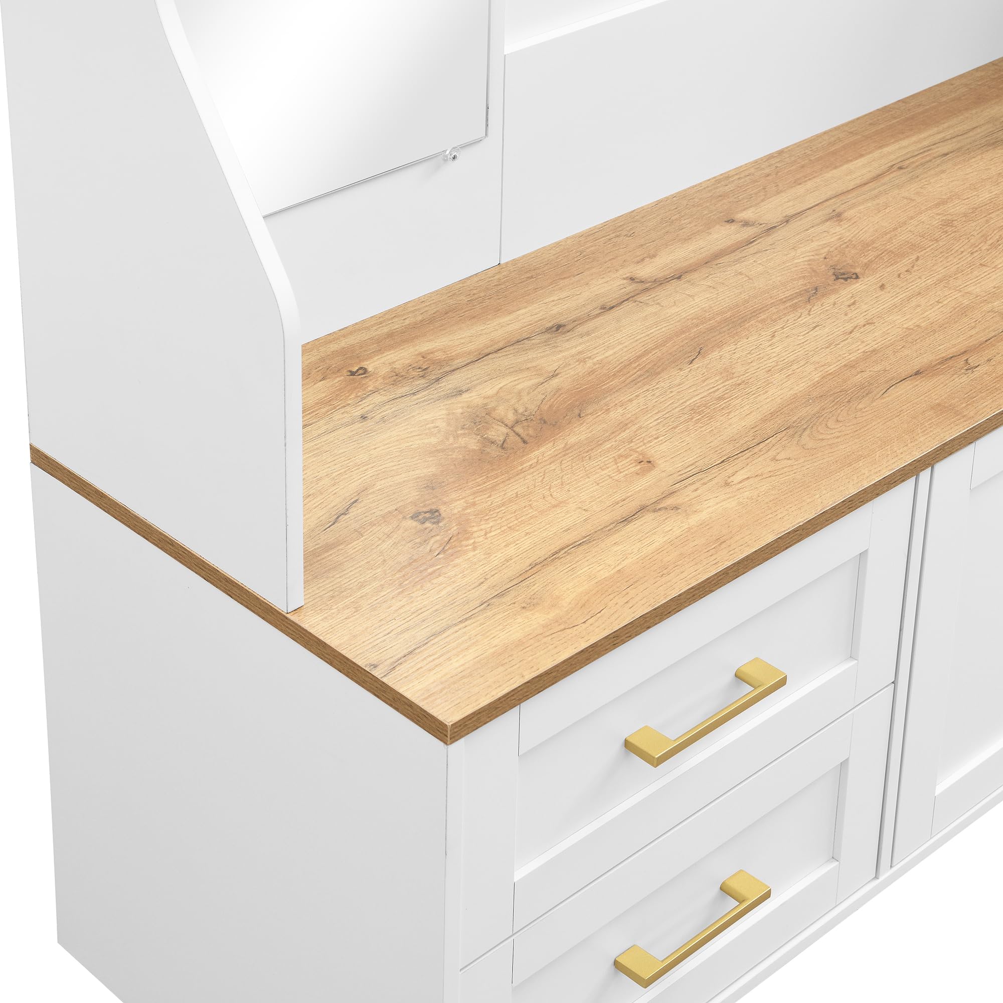 Scarpiera multifunzionale, 120 x 190 cm, specchio, ganci, cassetti, armadietto moderno con spazio di archiviazione, sedile, bianco + colore legno