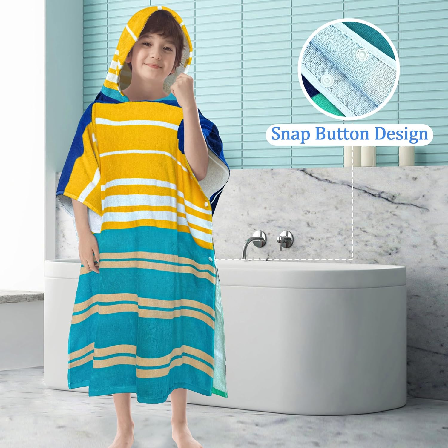 VOOVA & MOVAS Hooded Poncho Towels for Big Kids, Oversized (6-12Years,26"X64") Made from 100% Soft Cotton,Absorbent Bathrobe for Boys,Perfect for Pool| Swimming | Bathing | Beach, Blue Stripe - Image 4