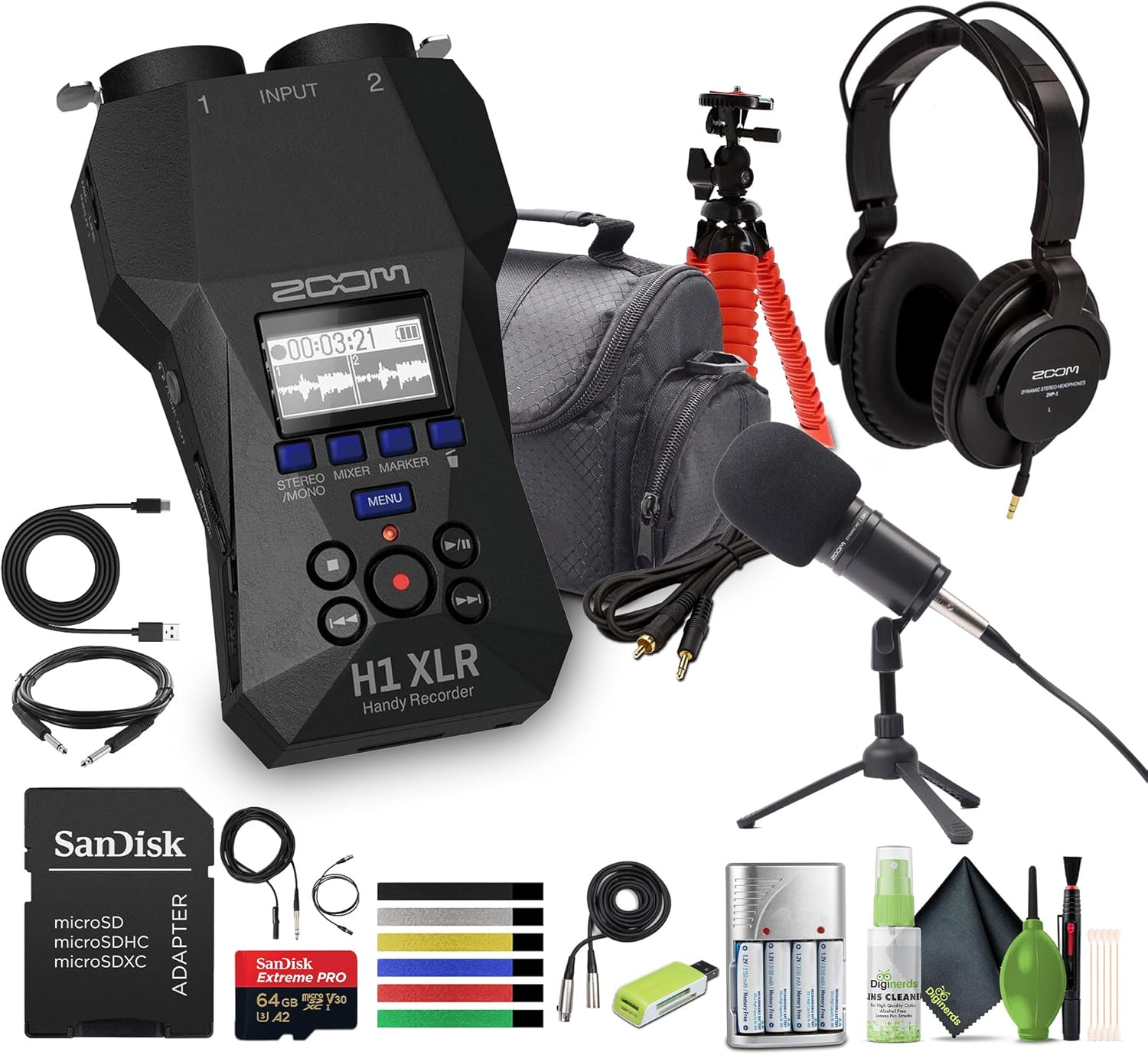 Zoom H1 XLR Portable Audio Recorder for Video Bundle with Zoom ZDM-1 Podcast Mic Pack + Memory Card microSDXC Extreme Pro 64GB + 10ft USB Type A to USB Type C Cable - Black + More
