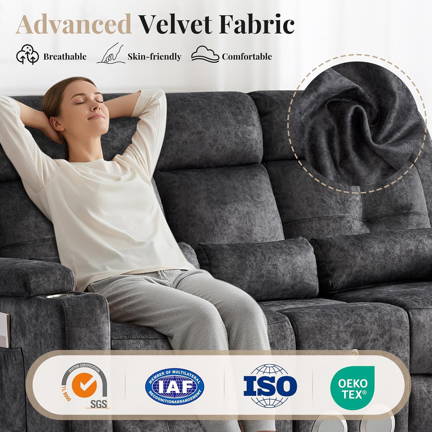 Power Reclining Loveseat Sofa with Drop Down Table, One-Touch Reclining Couch with LED Light/Console/Storage,RV Wall Hugger Double Recliner for Living Room&Home Theater(Velvet Gray) | Bluetooth Function, LED Light, Hidden Storage