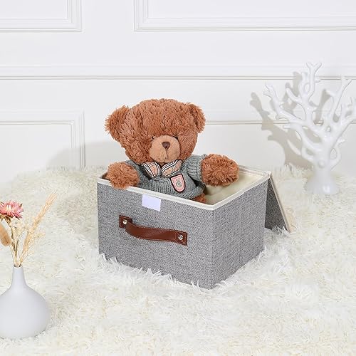 Miniatura 6 de Lucky Monet Contenedores de almacenamiento plegables con tapas, caja de almacenamiento de tela de lino con asas de piel sintética, estilo moderno,