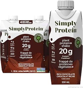 Simply Protein - Chocolate Ready To Drink Protein Shake (4 Pack) - 20g Protein, 10g Fibre, 4g Sugar, 200 Calories - Vegan, Gluten Free, Non GMO, Dairy Free, Kosher - 4 Shakes (11.16 fl oz, 330 mL)