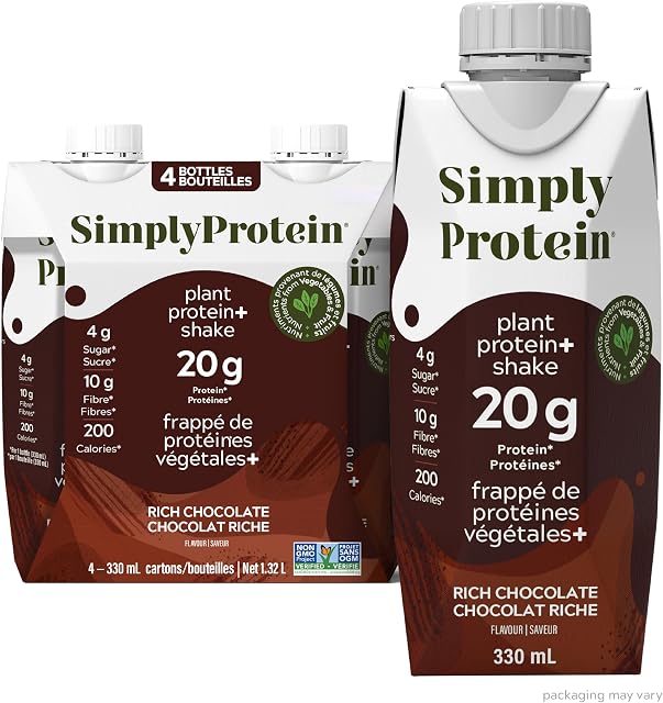 Simply Protein - Chocolat prêt à boire Protein Secouer (4 Boîte) - 20g Protein, 10g Fibres, 4g Sucre, 200 Calories - Végétaux, sans gluten, non GMO, Sans laiterie, casher - 4 Des secousses (11.16 - Oui. 330 mL)