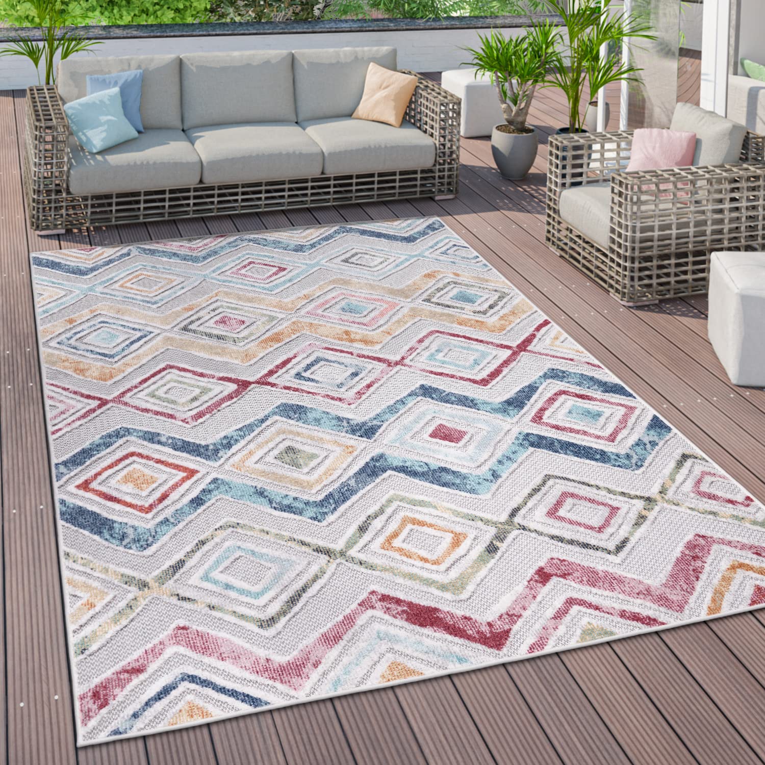 Paco Home Alfombra Salon De Habitacion Cocina Exterior Terraza Jardin Nordica Etnica Dibujo Geometrico Motivo Abstract Rombo 3D, tamaño:60x100 cm, Color:Multicolor 5