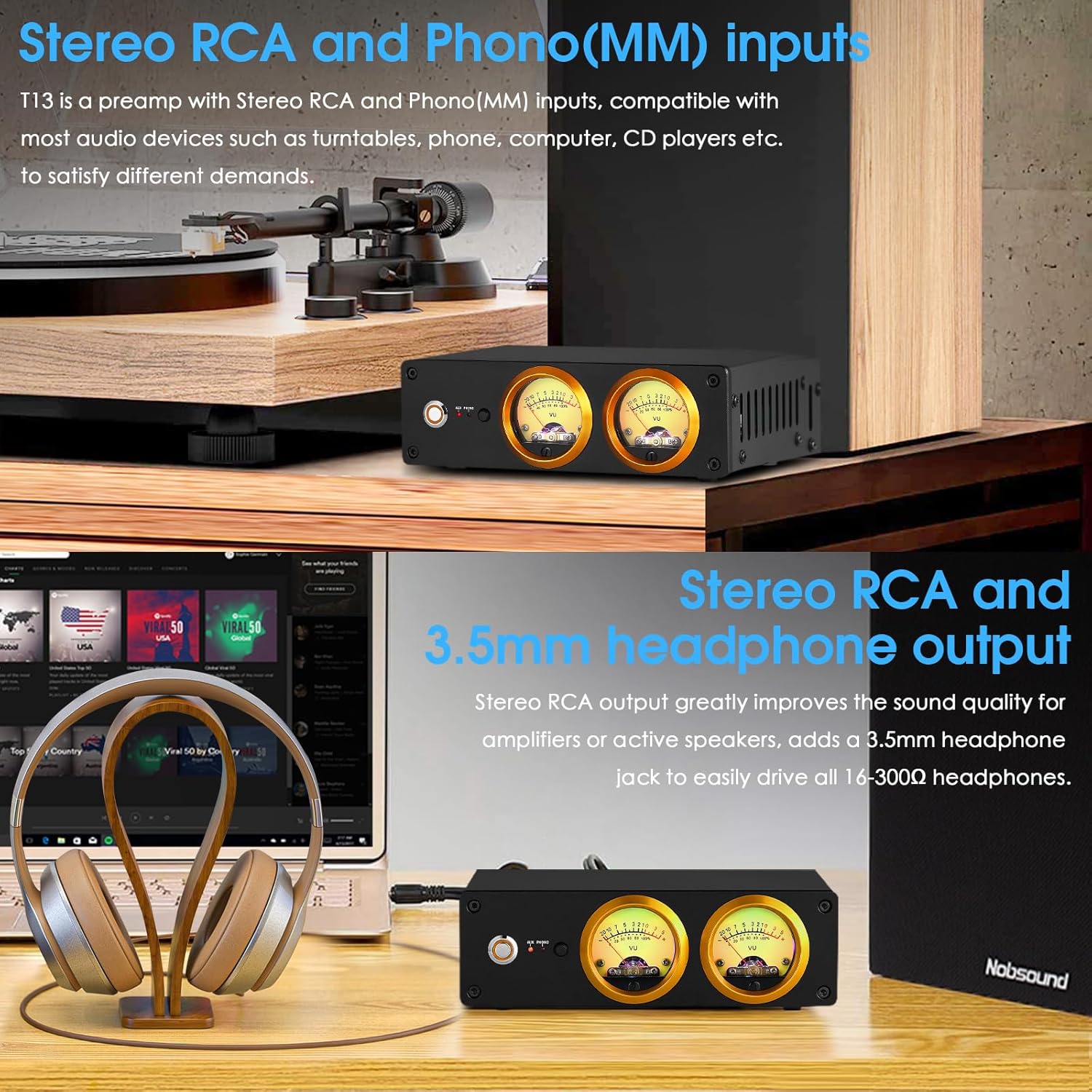 Douk Audio T13 Phono Preamp for MM Turntables Stereo Desktop Headphone Amplifier VU Meter