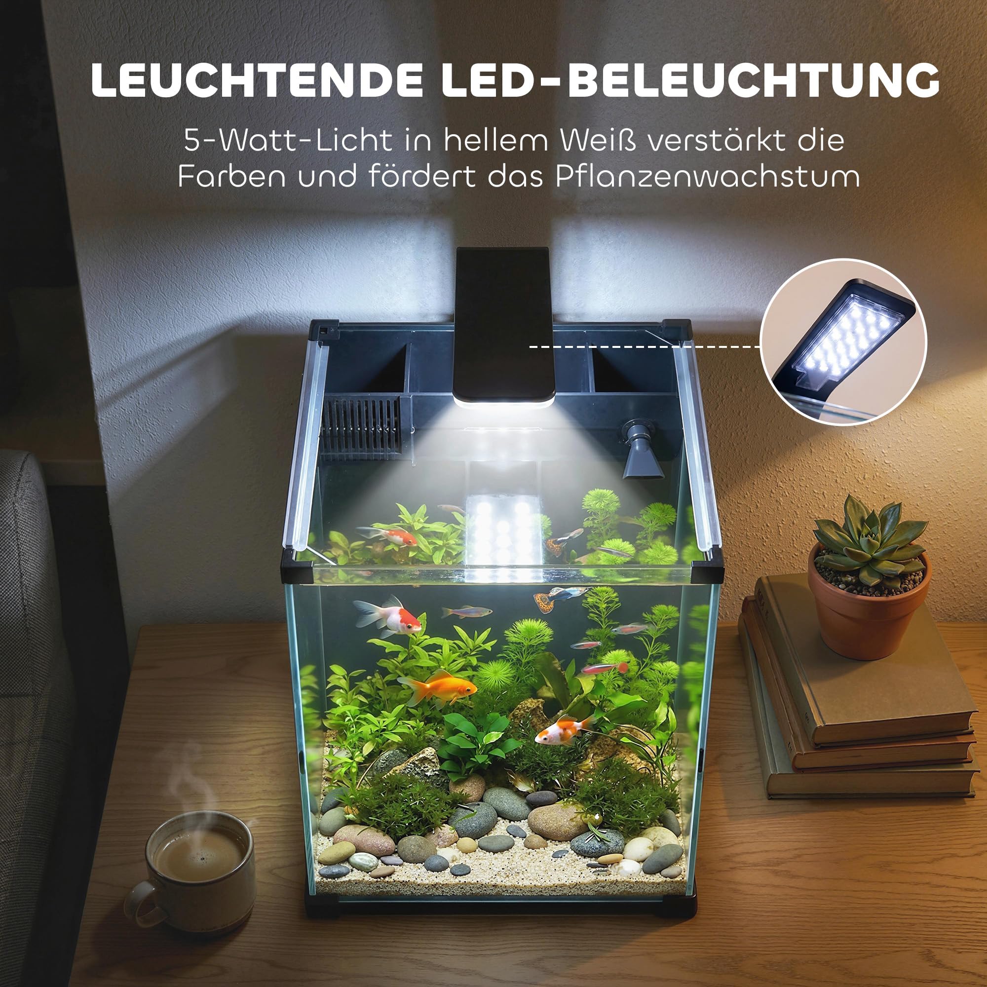 PawHut Aquarium Komplettset 36L Nano Aquarium mit LED-Beleuchtung Filtersystem Fischtank mit Pumpe Zirkulation Einsteigerbecken für Fische & Pflanzen 30 x 30 x 45,5 cm Schwarz