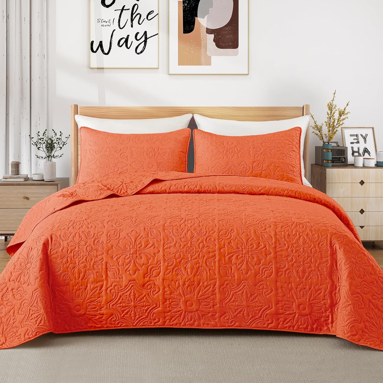 Whale Flotilla 3 Piece King Size Quilt Set, Soft Reversible Embossed King Quilts Bedding Set, Lightweight Bedspreads Coverlets with Boho Pattern for All Seasons, Burnt Orange