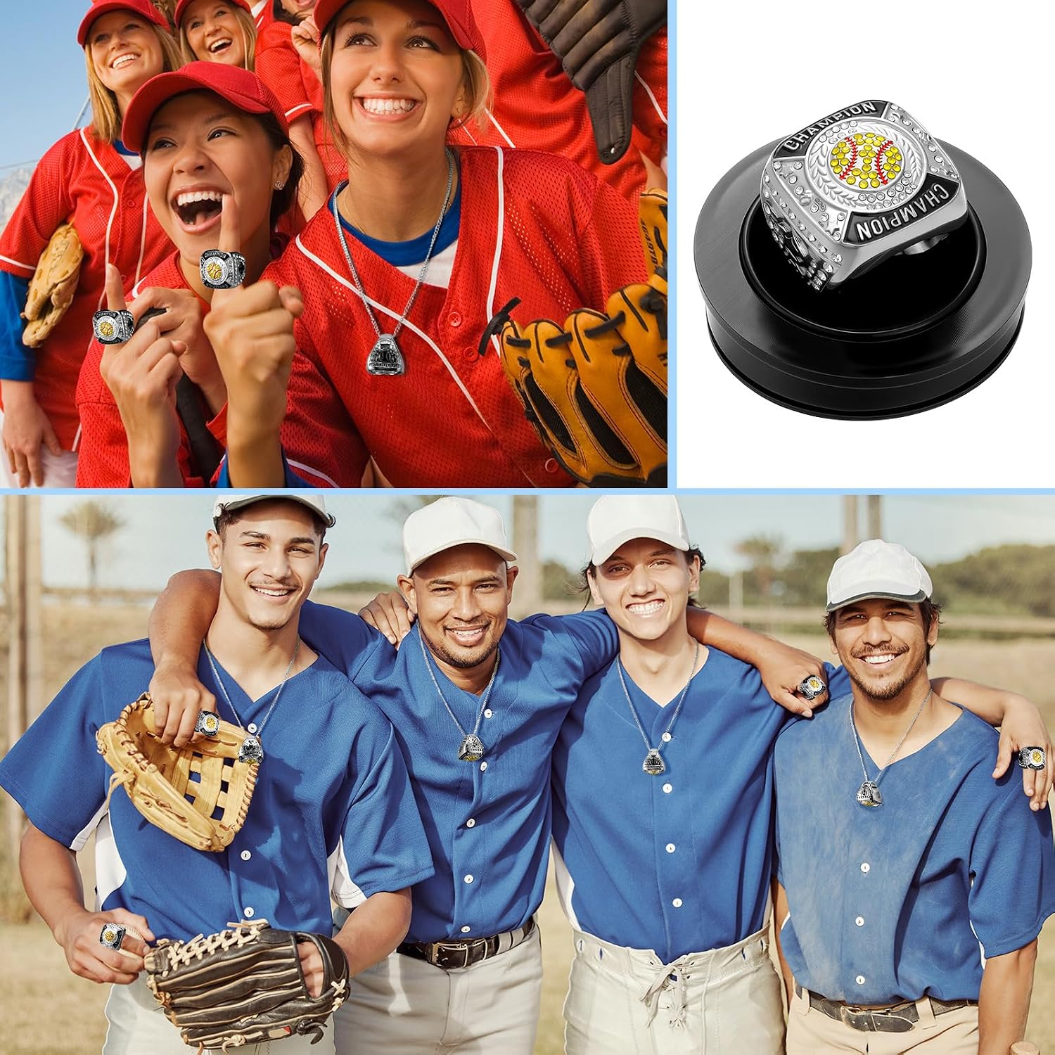 Landical 12 Pcs Softball Champion Rings Softball Championship Trophy Rings Sport Ball Games Award Gift with Display Neck Chain and Stand for Tournament or Champion Winner