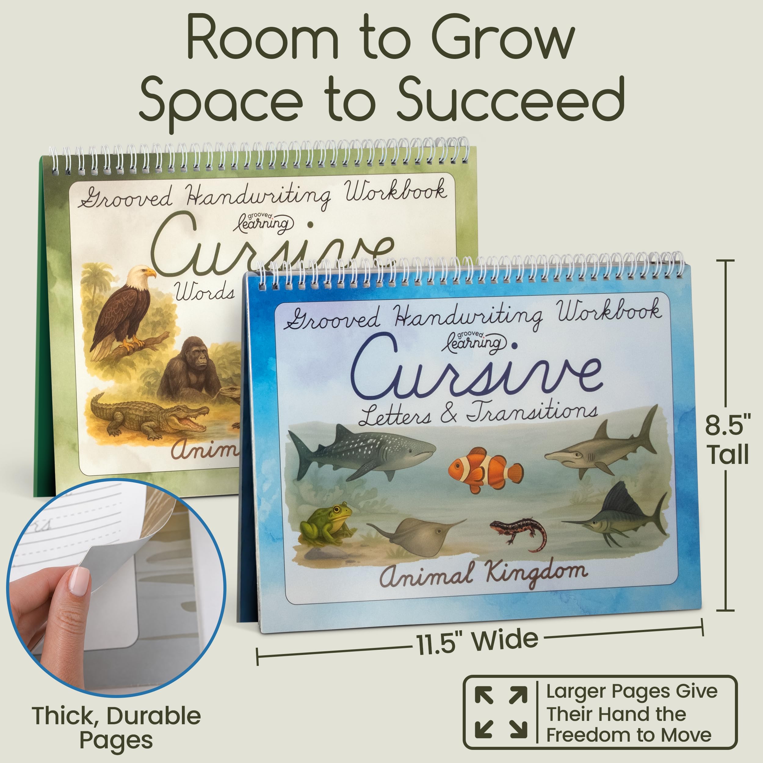 Animal Kingdom Cahier d'exercices cursif rainuré pour enfants de 8 à 12 ans – Graceful By Design – 21,6 x 27,9 cm – Pratique d'écriture rainurée pour enfants avec 4 stylos à encre magique, recharges