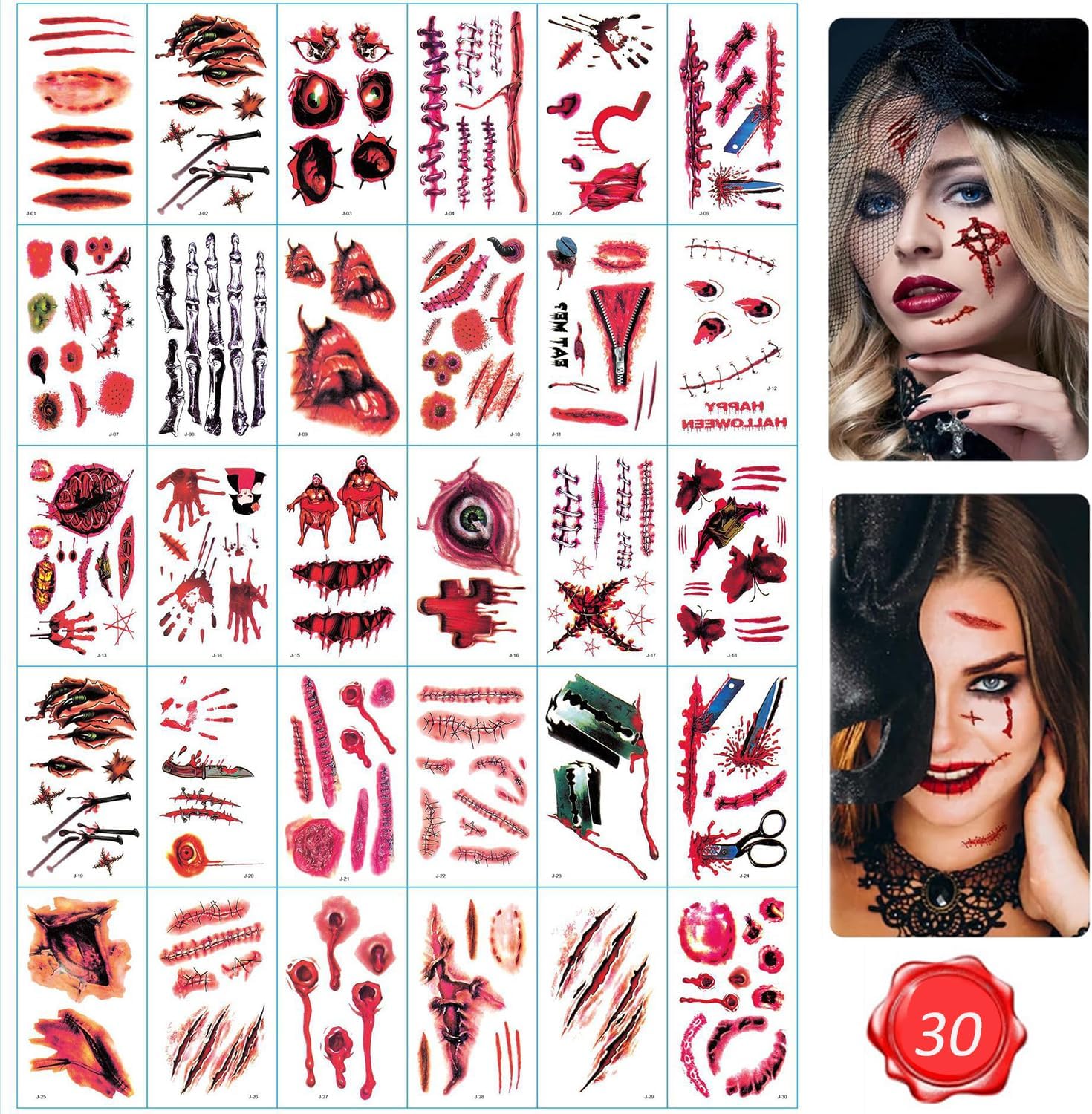 Halloween Scar Tattoos 30 Sheets Halloween scar tattoos Stickers with Fake Scab Blood,zombie tattoo,halloween scar makeup,halloween face stickers Zombie Fake Injury Wound for Halloween Costume