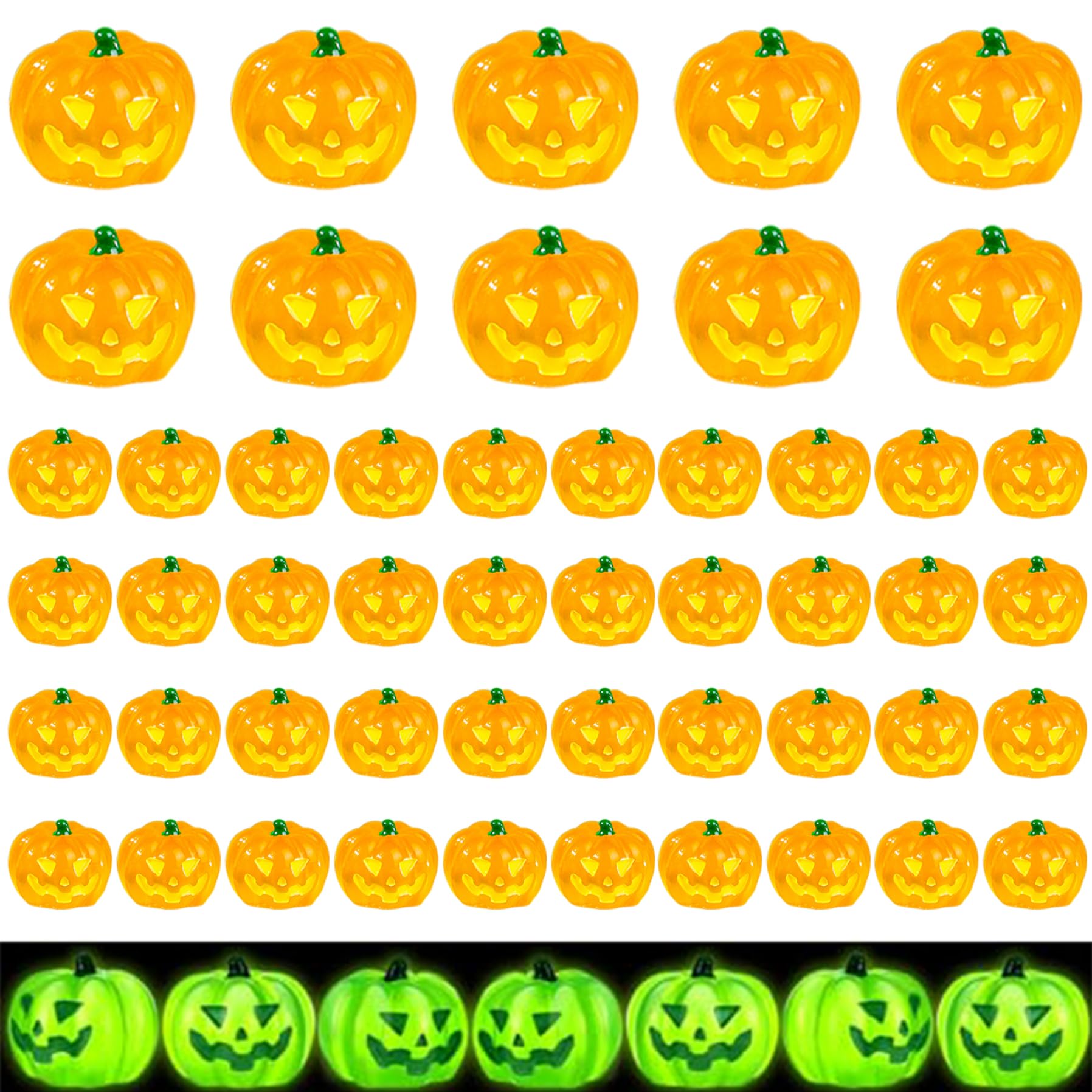 Ameble Mini Pumpkins 50 Pcs Resin Halloween Figurines for Decorating Luminous Grinning Style Pumpkin Decorations for Halloween Home Microlandscape Garden and Baking decoration