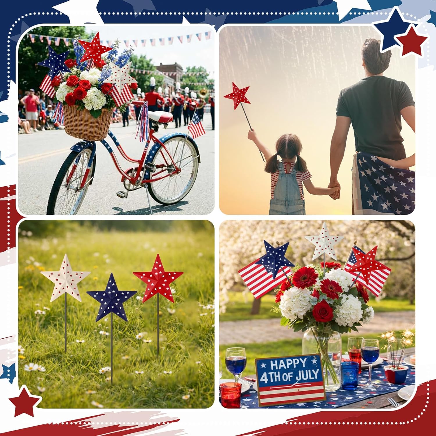 Pickmesh 6 Pcs 12" H Patriotic Yard Decor Outdoor Metal Yard Sign 4th of July Garden Stake Red White Blue 250th Anniversary USA Flag American Lawn Sign for Memorial Day Independence Day Decoration