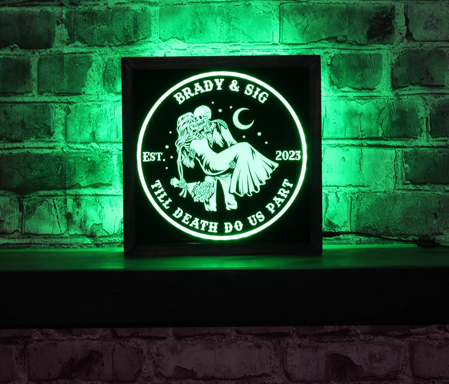 Bones & Smoke Co - Personalized Skeleton Couple Light – “Till Death Do Us Part” Gothic Wedding Design – Custom Name and Year – 12x12 Wood Frame RGB Remote Control Sign – Romantic Gothic Home Bar Decor