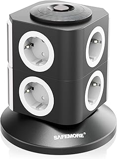 SAFEMORE Wieża z 8 gniazdkami, wielokrotne gniazdko z przełączaną ochroną przed przepięciem i ochroną przed błyskiem 2500 W/10 A - kabel 2 m i zabezpieczenie przed dziećmi - biały + czarny