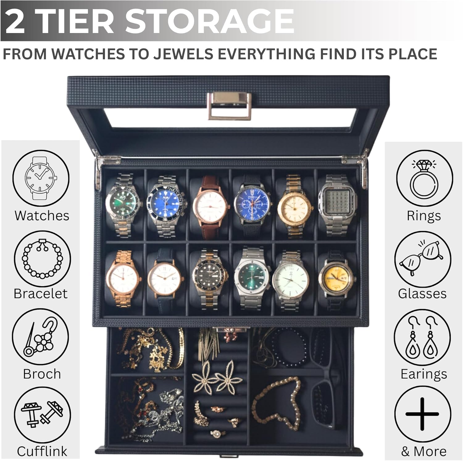 Watch Box, 12 Slot Mens Watch Case With Drawer, 2-Layer Watch Display Case With Glass Lid, Mens Jewelry Box Storage Holder Organizer, Anniversary Birthday Valentine Gifts for Men Women