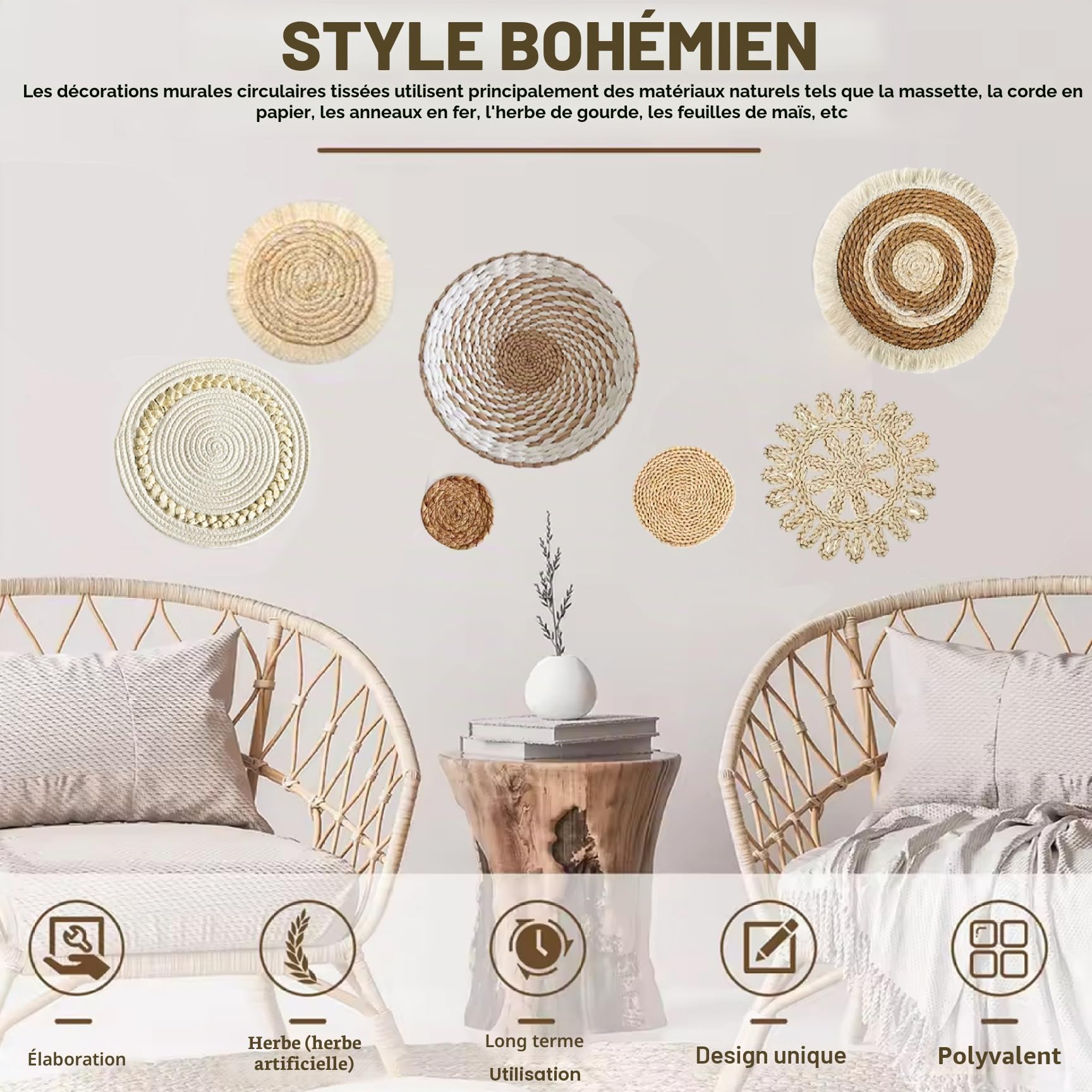 7 paniers muraux bohèmes, 6 tailles, ronds en paille tressée avec crochet, pour décoration de salon, style campagnard